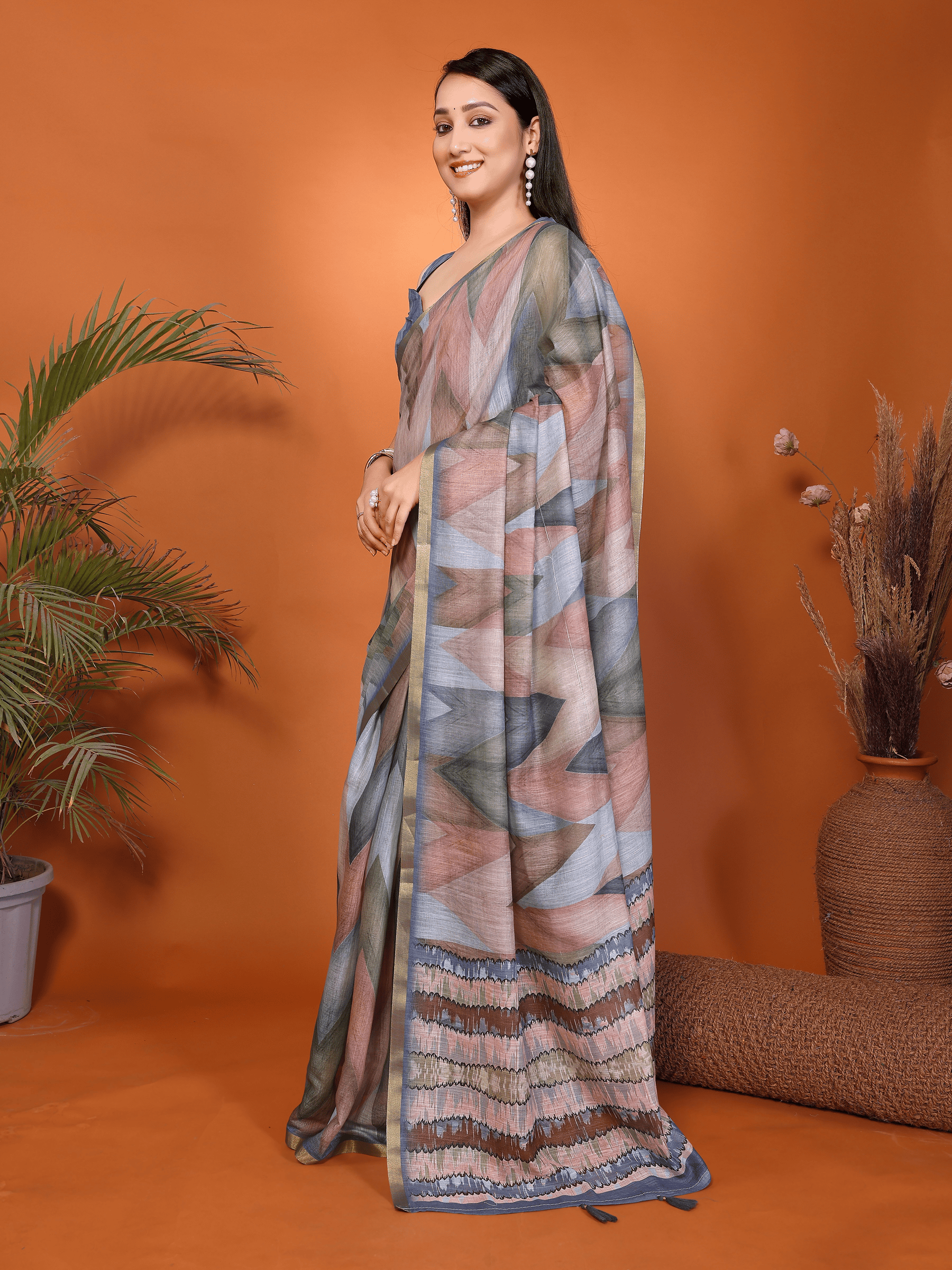 Rust and Blue Geometric Ready-to-Wear Saree with Striped Pallu, Gold Border & Pocket