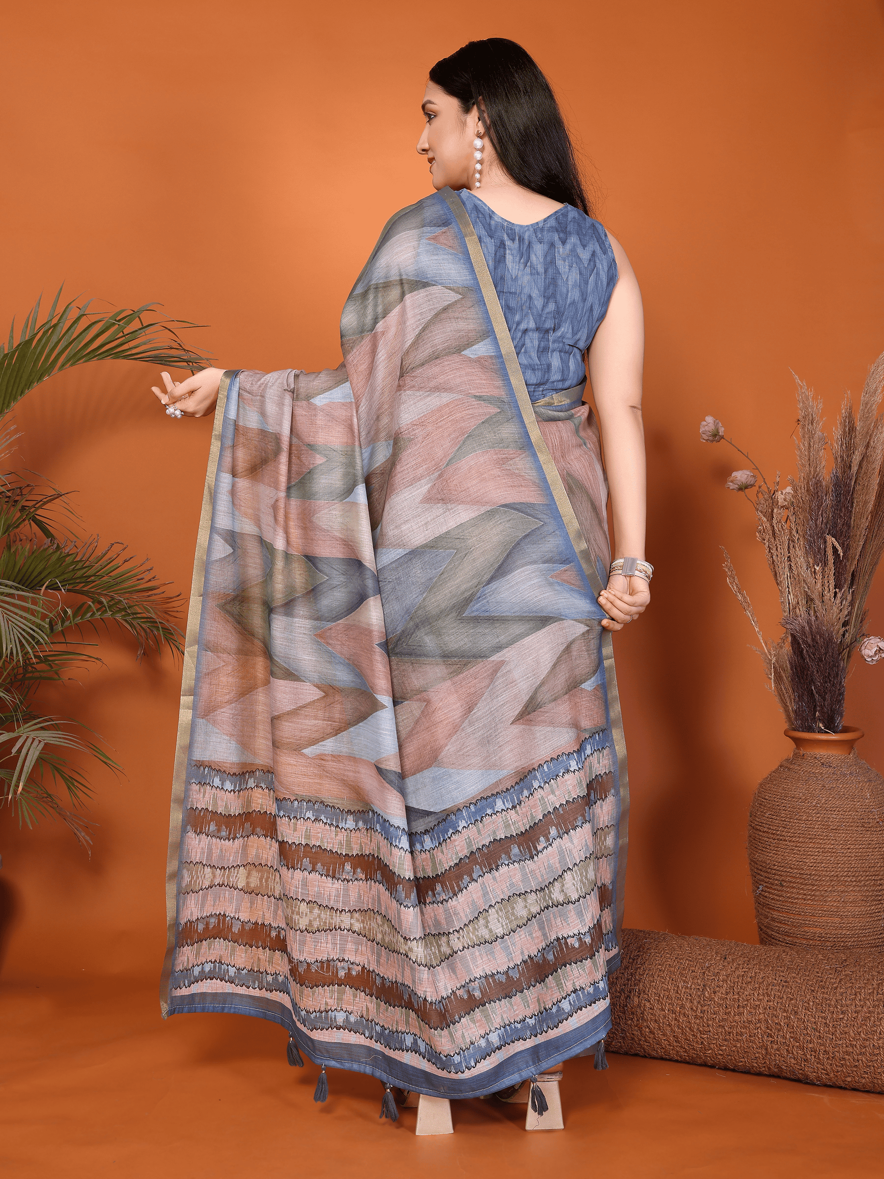 Rust and Blue Geometric Ready-to-Wear Saree with Striped Pallu, Gold Border & Pocket