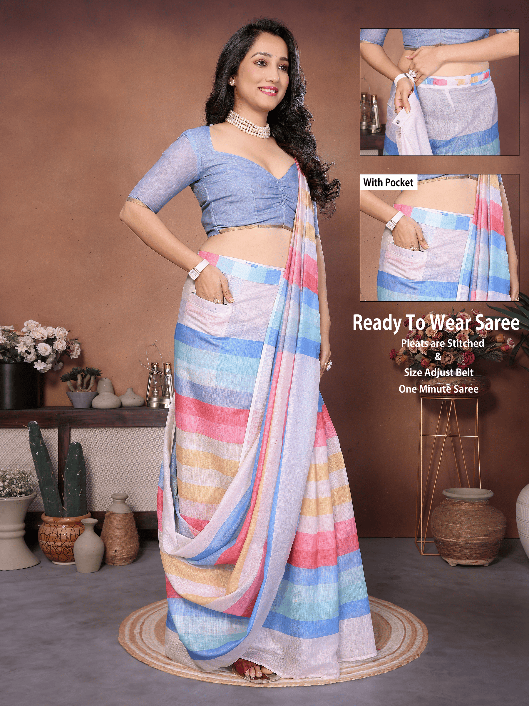 Multicolor Striped Ready-to-Wear Saree with Pocket and Pastel Border
