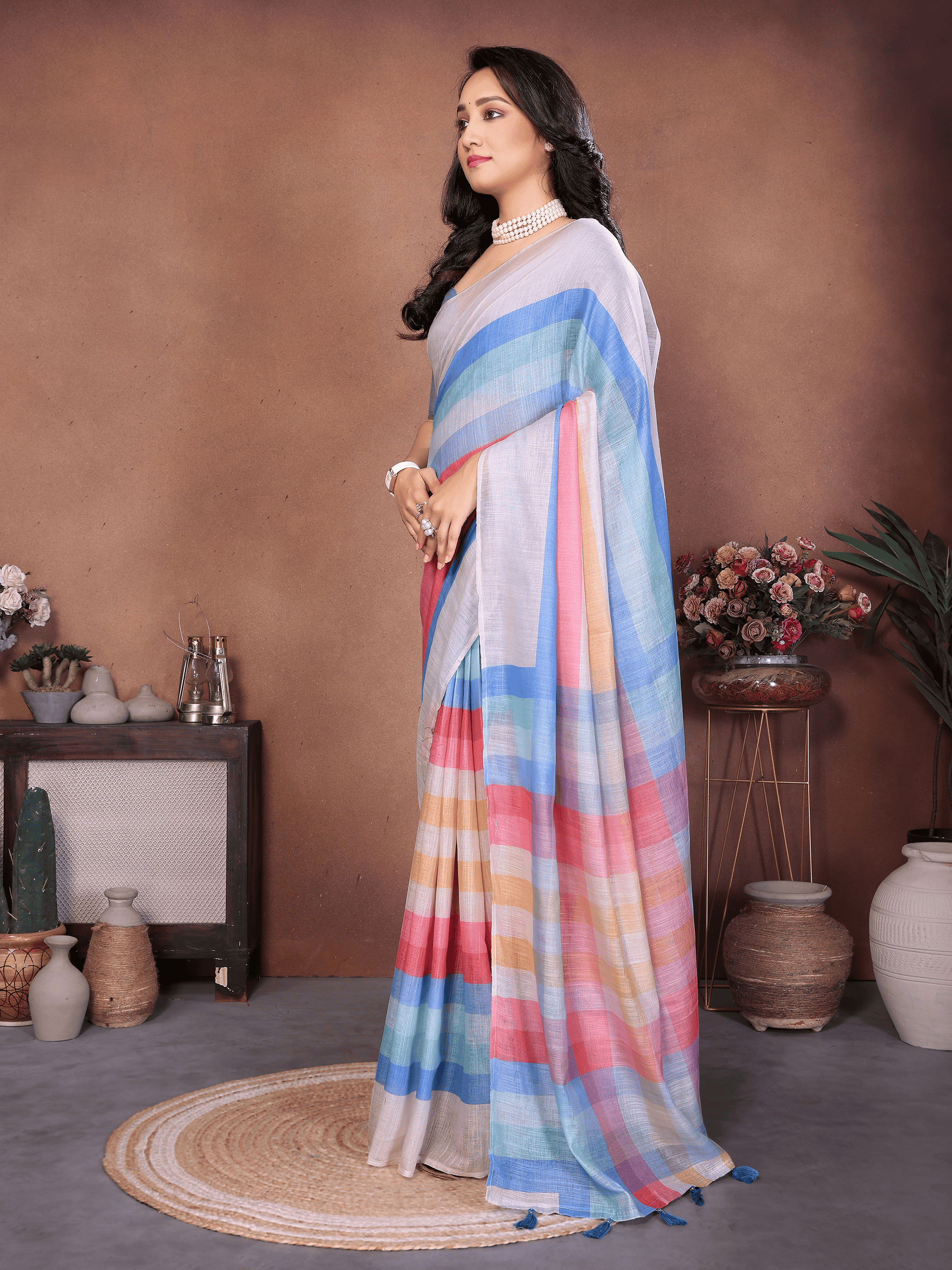 Multicolor Striped Ready-to-Wear Saree with Pocket and Pastel Border