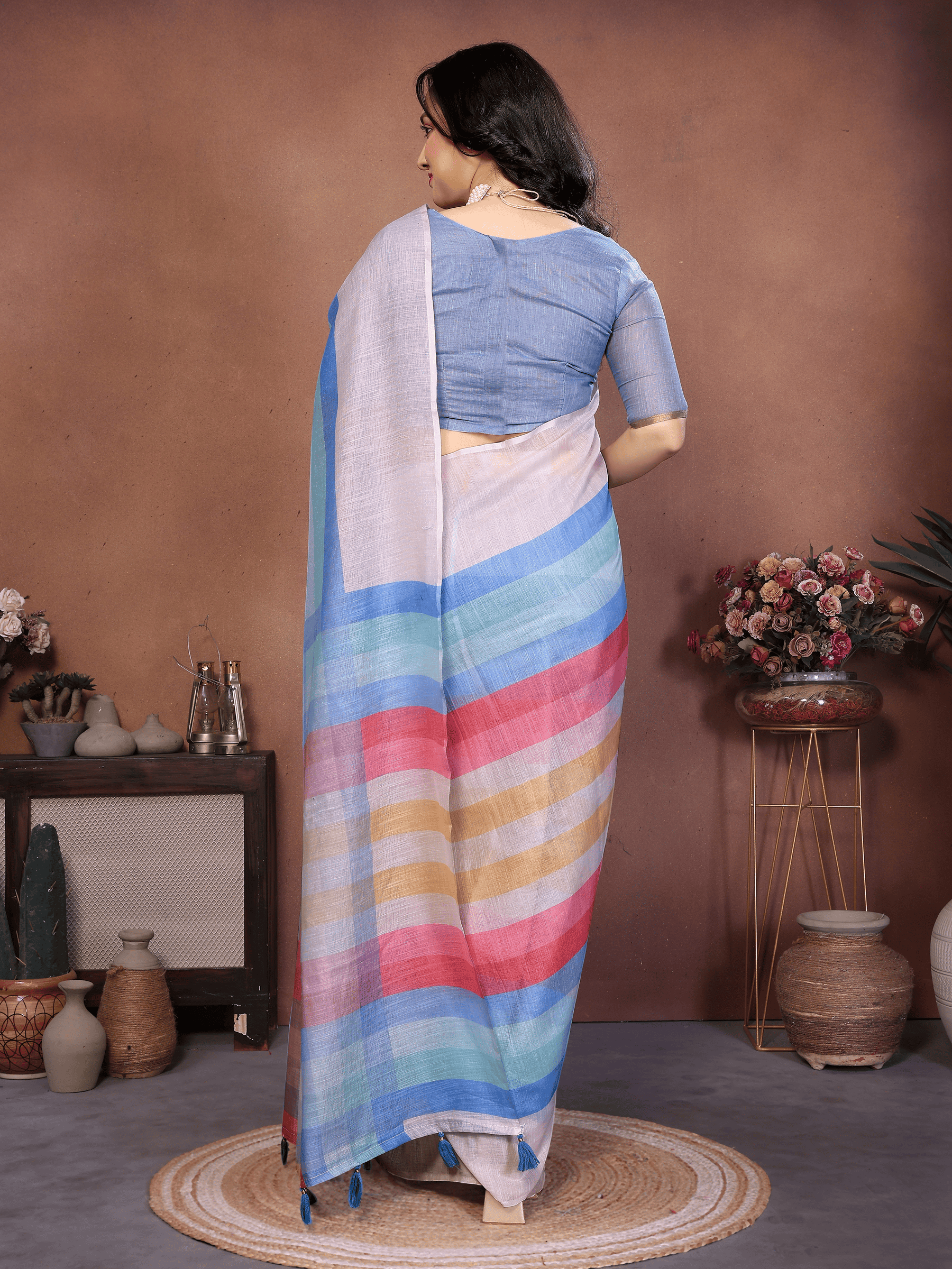 Multicolor Striped Ready-to-Wear Saree with Pocket and Pastel Border