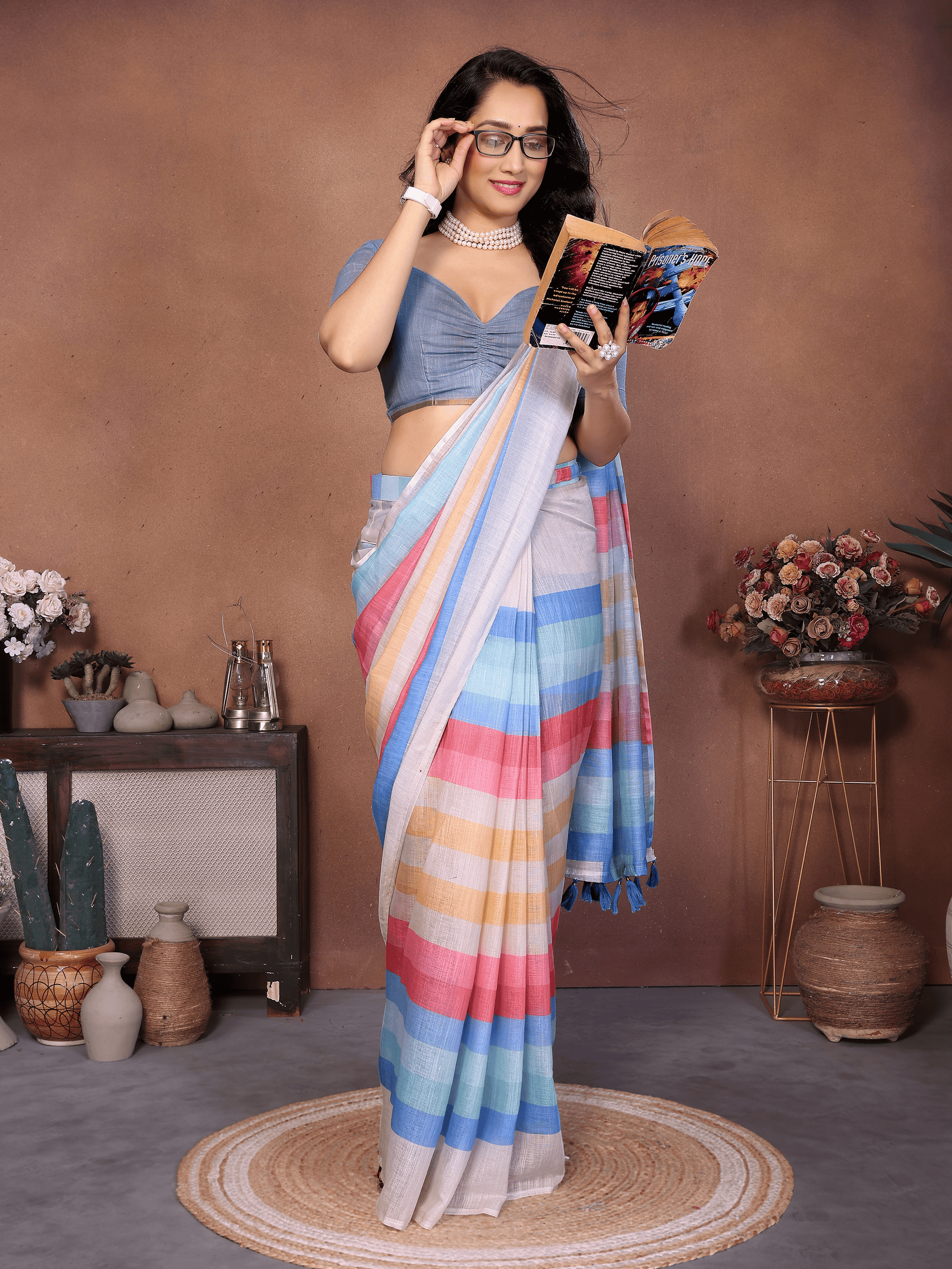Multicolor Striped Ready-to-Wear Saree with Pocket and Pastel Border