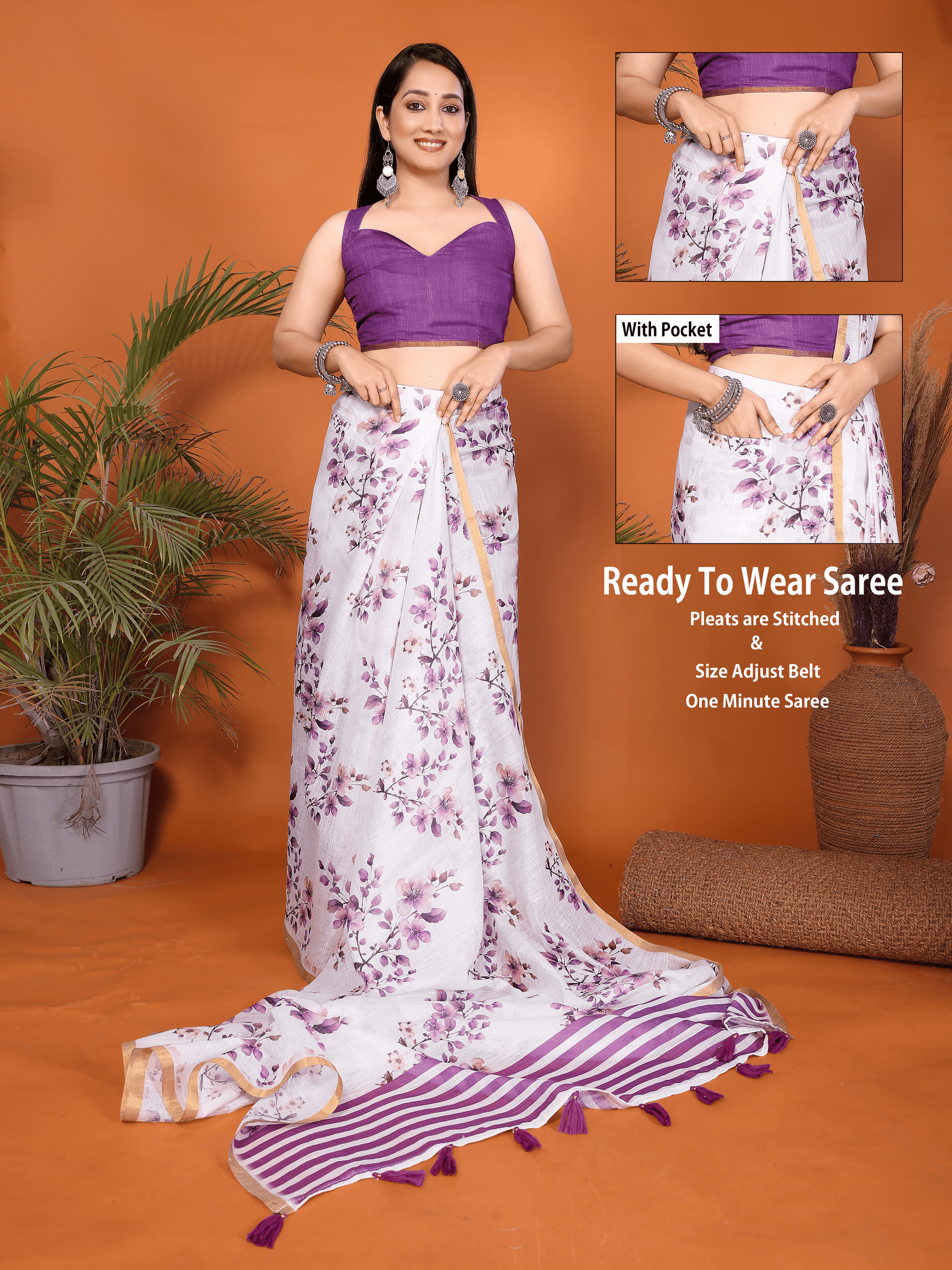 Purple Floral Ready-to-Wear Saree with Striped Pallu and Pocket
