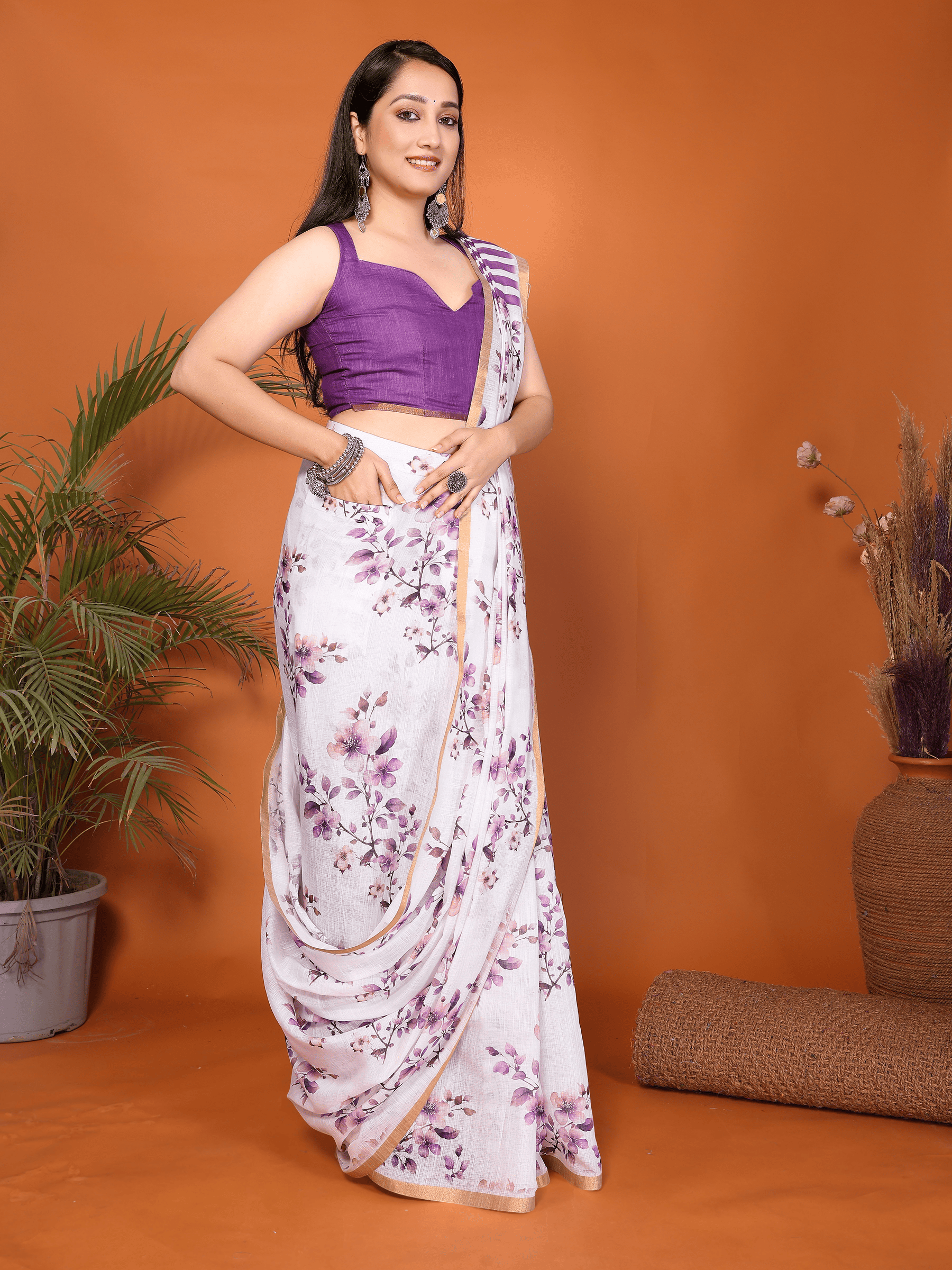 Purple Floral Ready-to-Wear Saree with Striped Pallu and Pocket