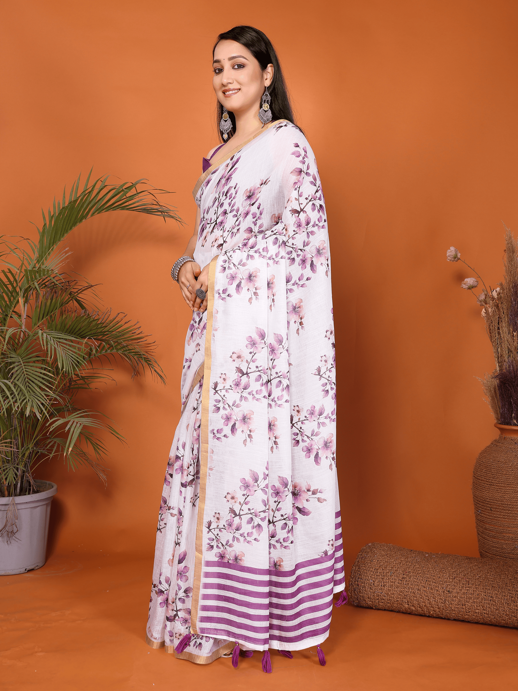 Purple Floral Ready-to-Wear Saree with Striped Pallu and Pocket