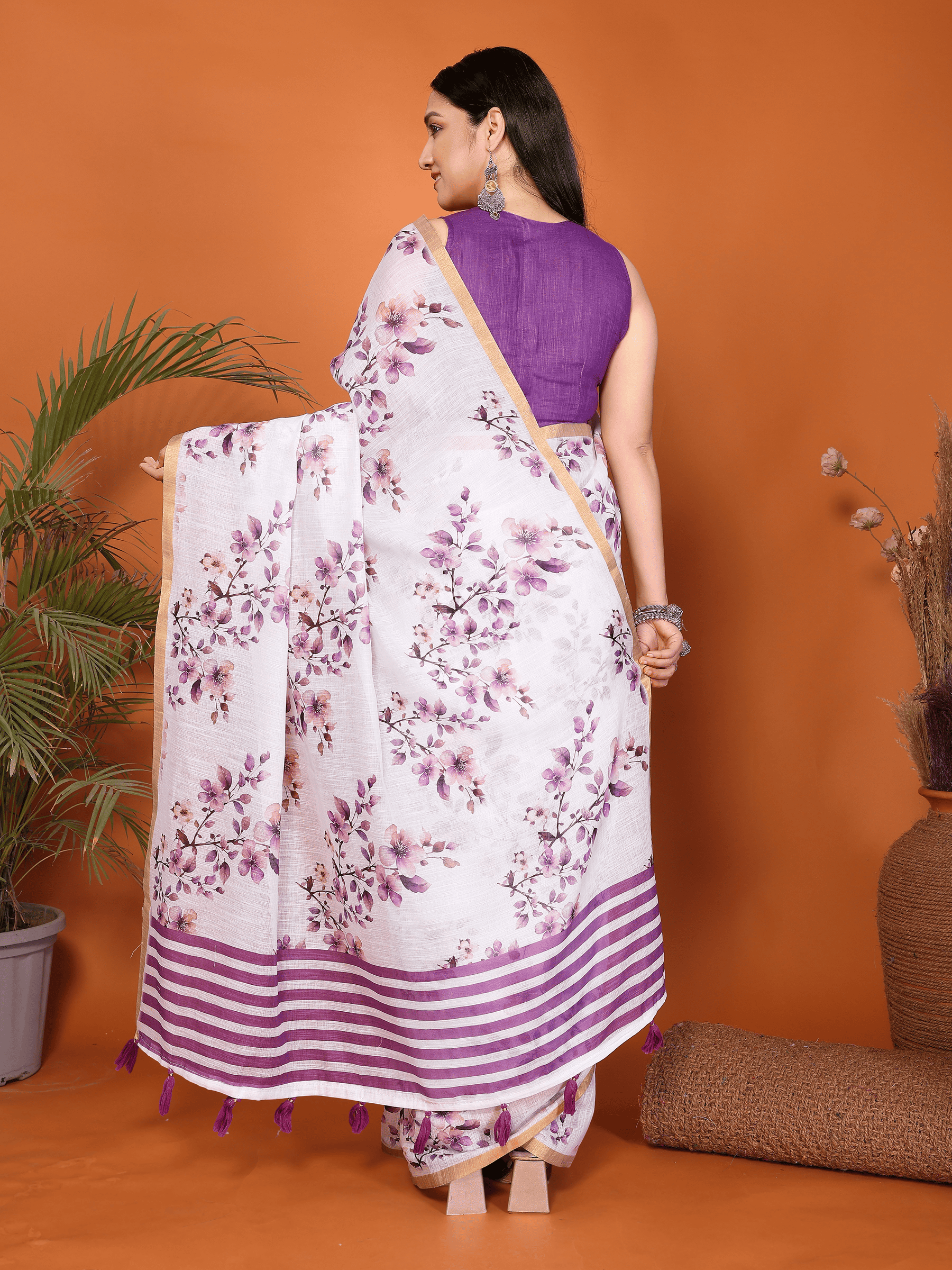 Purple Floral Ready-to-Wear Saree with Striped Pallu and Pocket