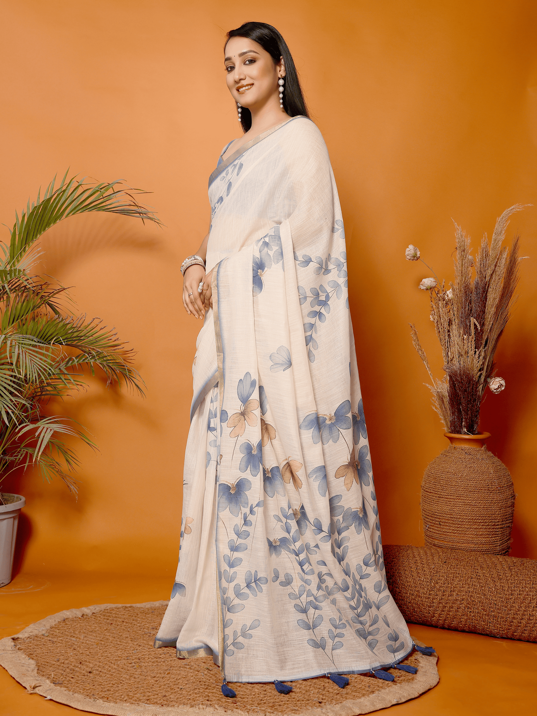 Cream White Blue Floral Ready-to-Wear Saree with Pocket and Gold Border