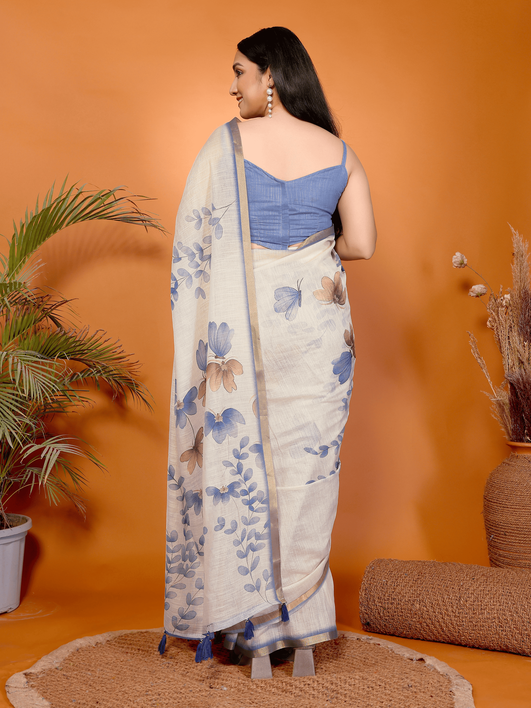 Cream White Blue Floral Ready-to-Wear Saree with Pocket and Gold Border