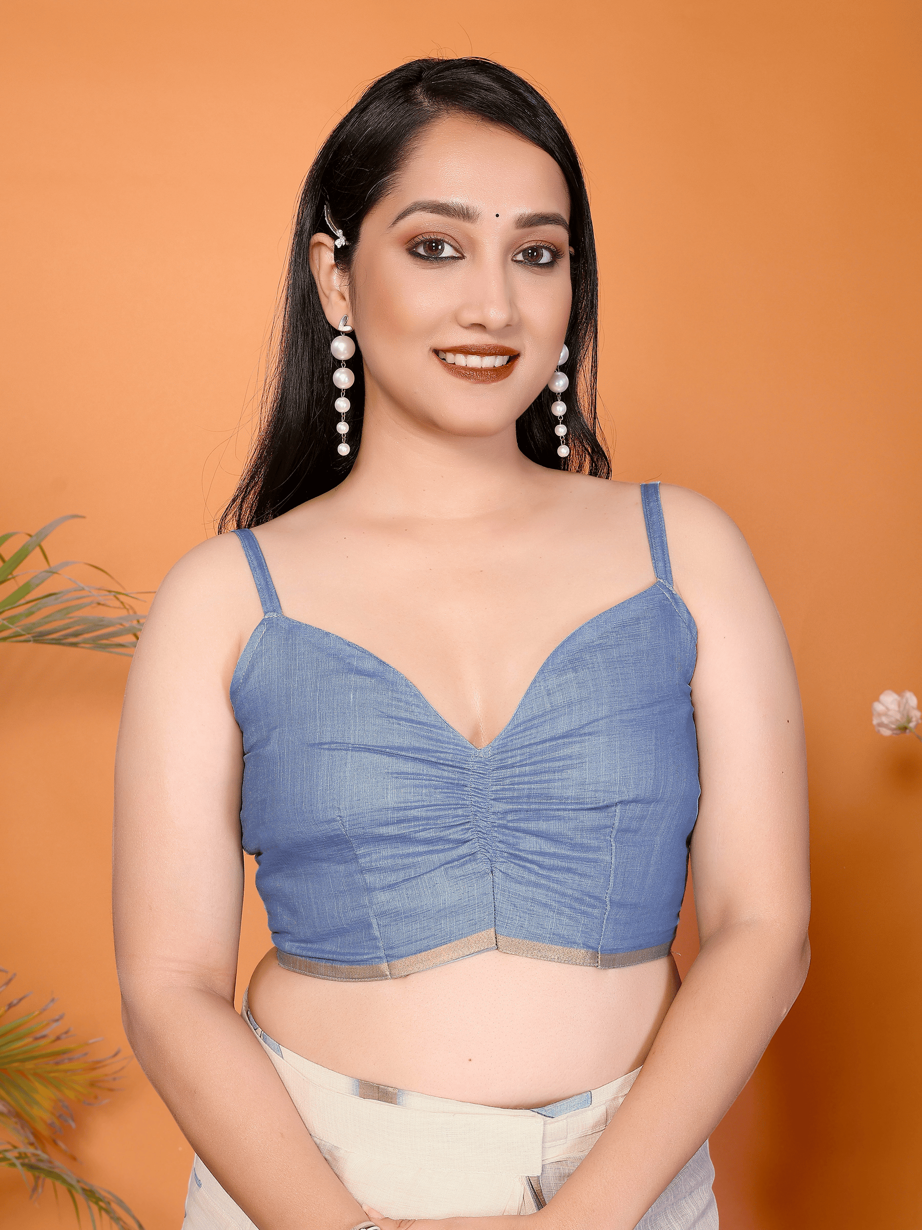 Cream White Blue Floral Ready-to-Wear Saree with Pocket and Gold Border