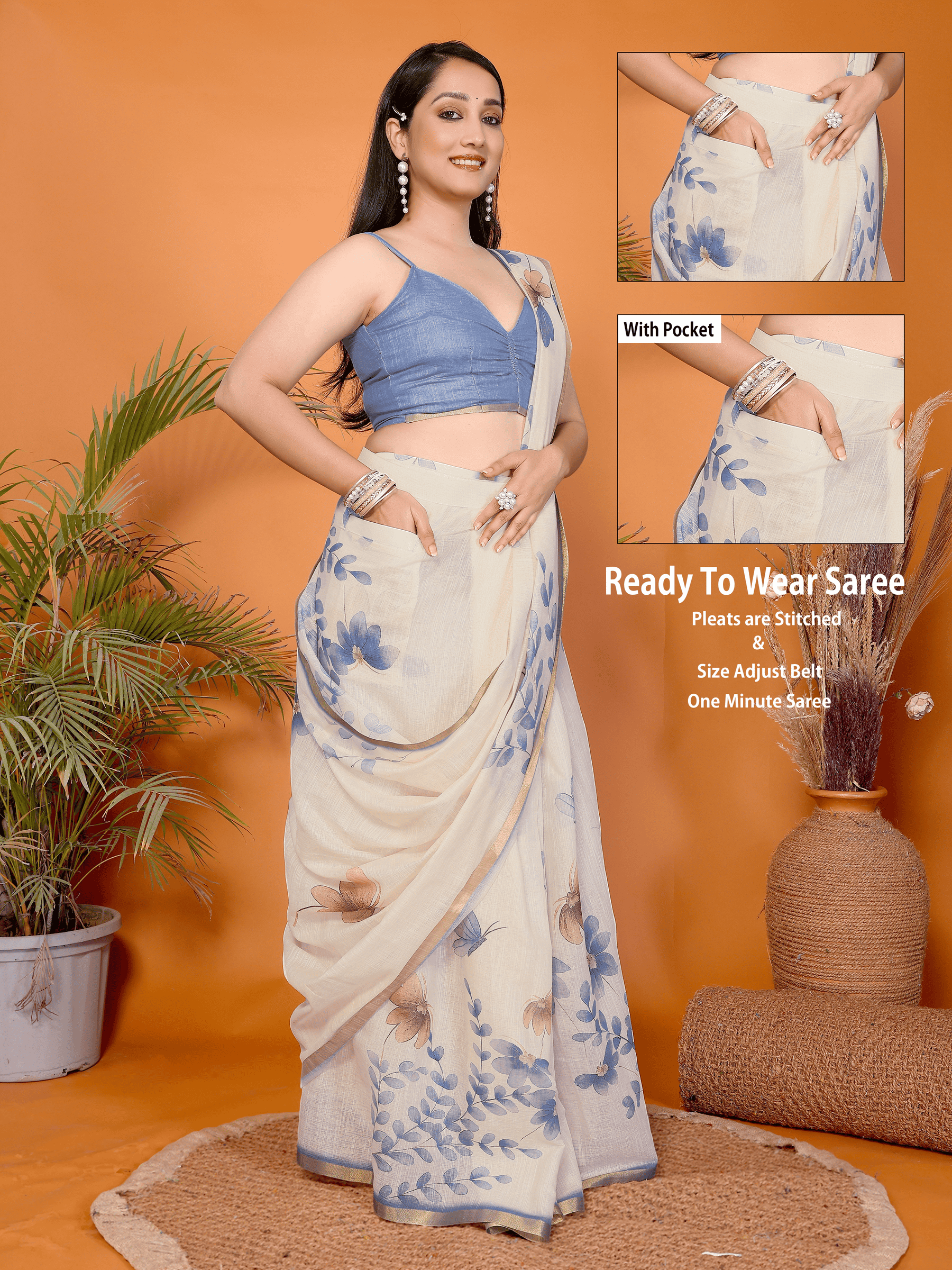 Cream White Blue Floral Ready-to-Wear Saree with Pocket and Gold Border