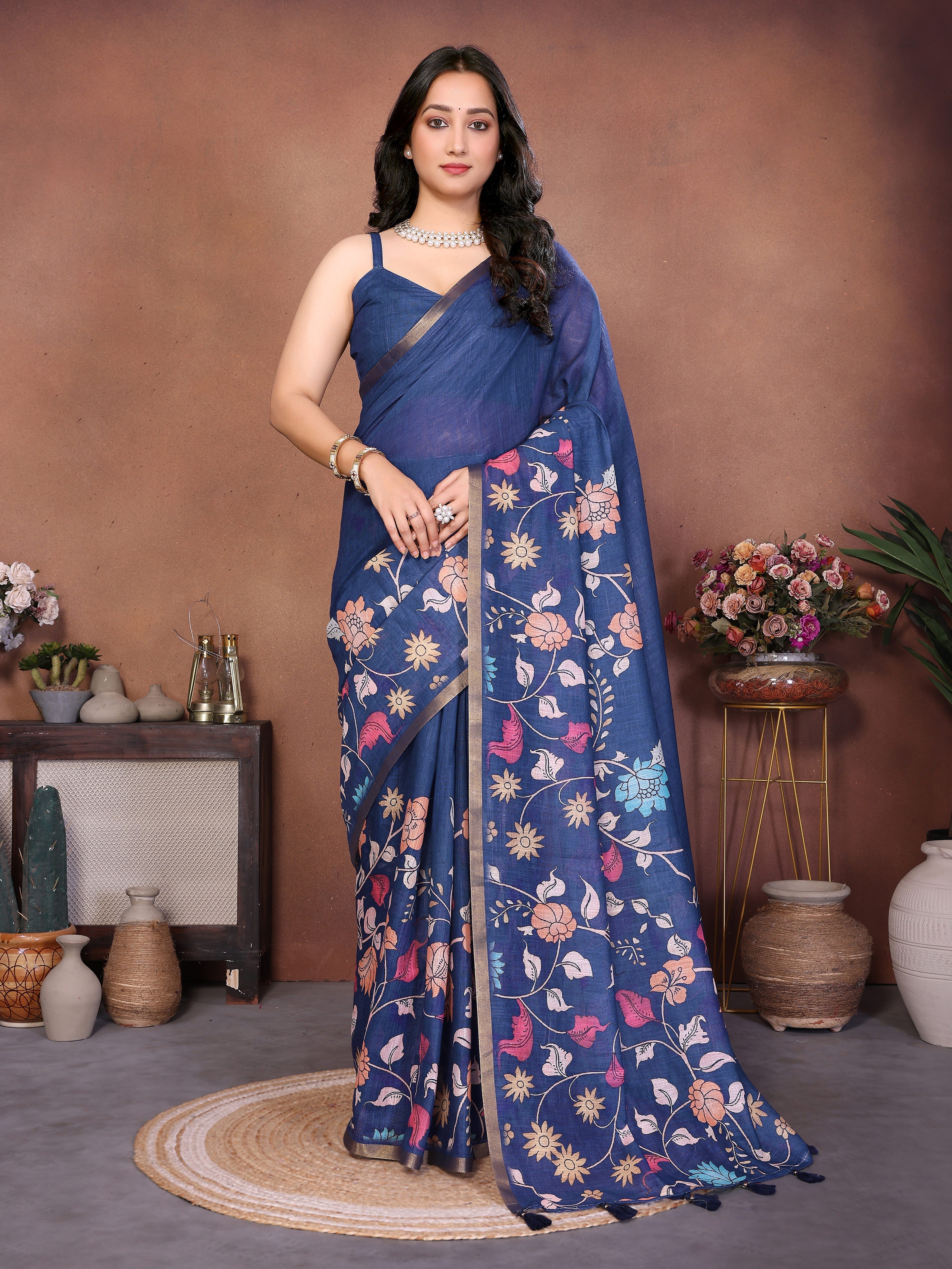 Navy blue floral ready-to-wear saree with zari border, tassels and side pocket