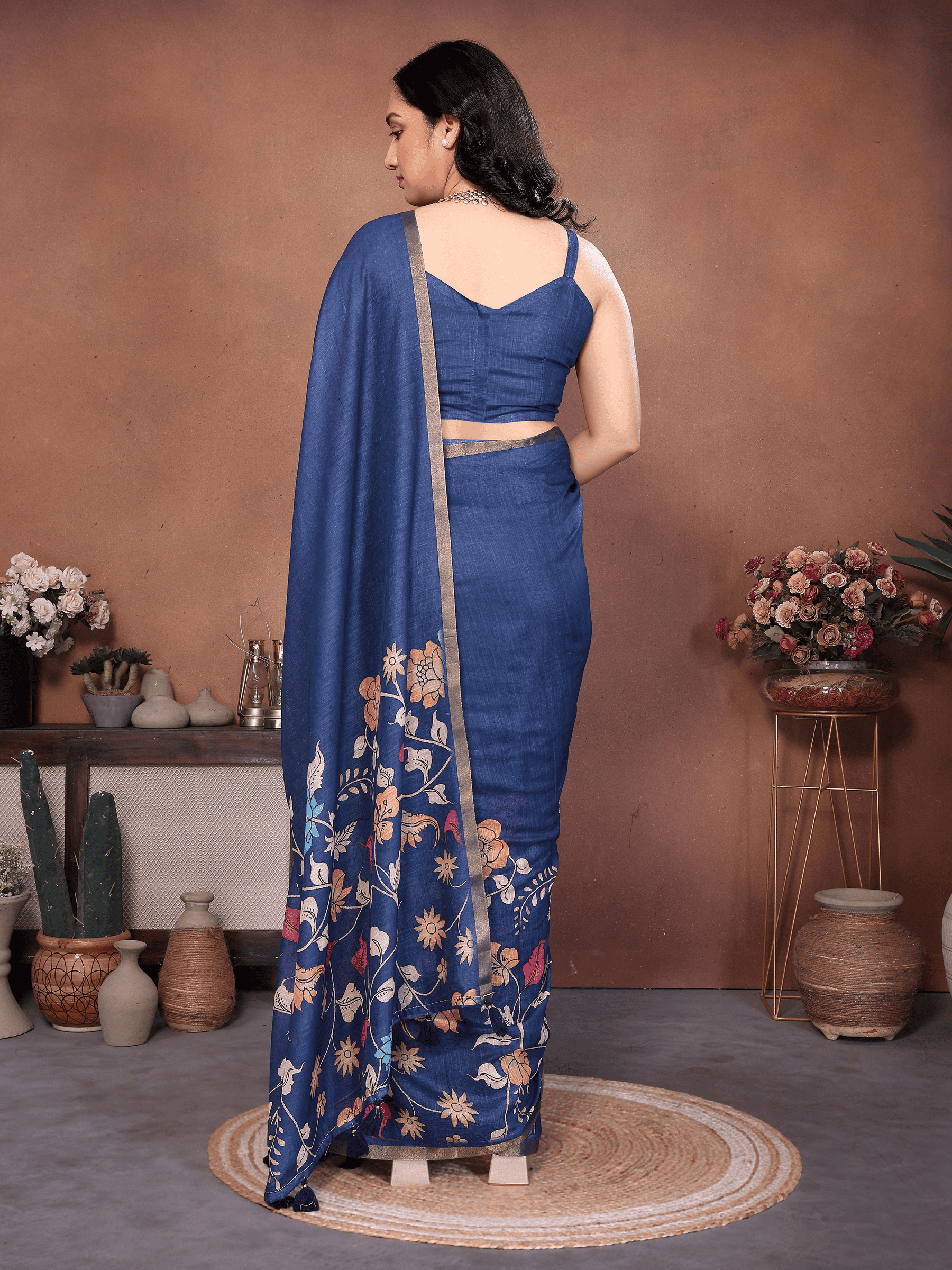 Navy Blue Floral Ready-to-Wear Saree with Pocket and Zari Border