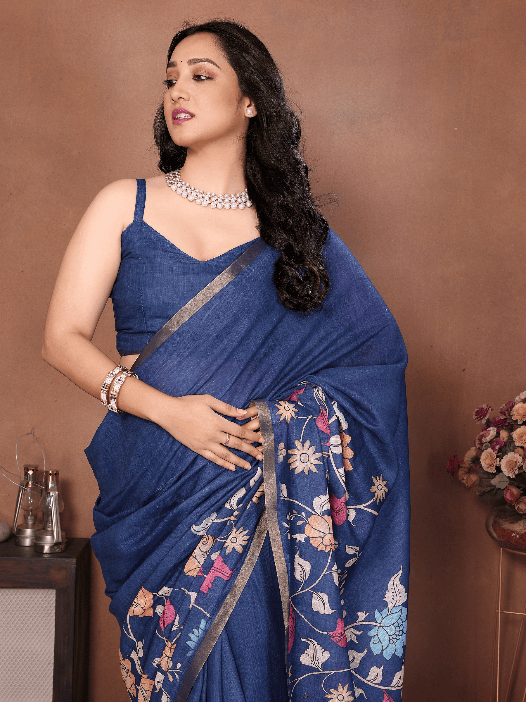 Navy Blue Floral Ready-to-Wear Saree with Pocket and Zari Border