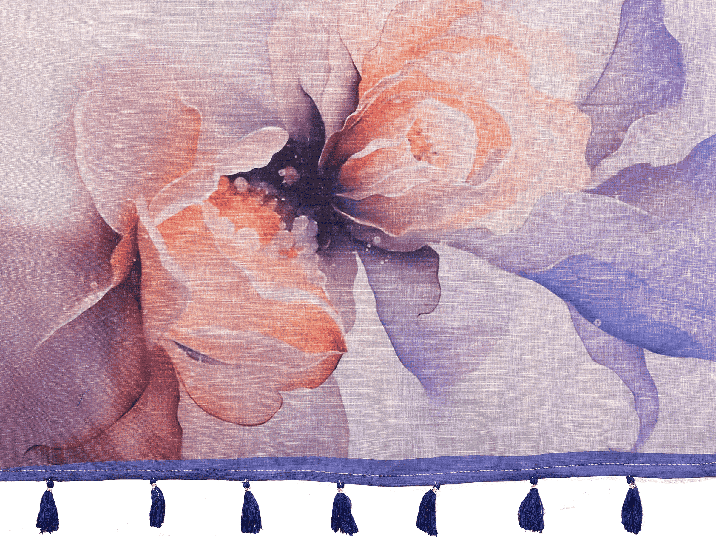 White Floral Print Ready-to-Wear Saree with Pocket and Blue Striped Ruched Blouse