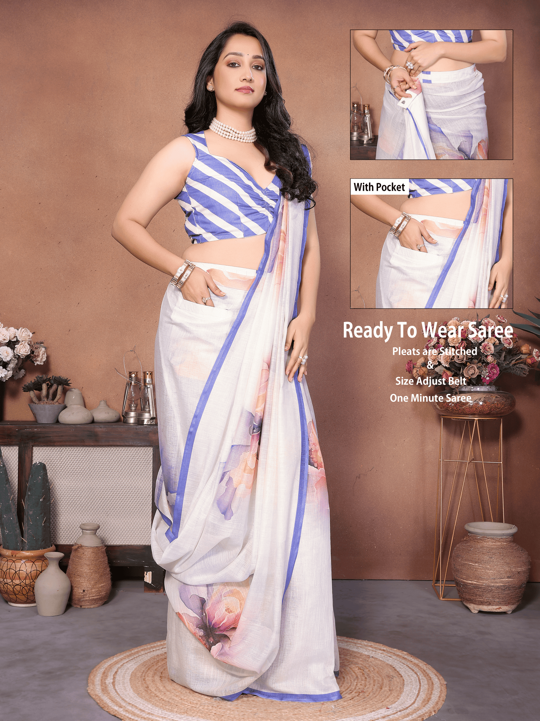 White Floral Print Ready-to-Wear Saree with Pocket and Blue Striped Ruched Blouse