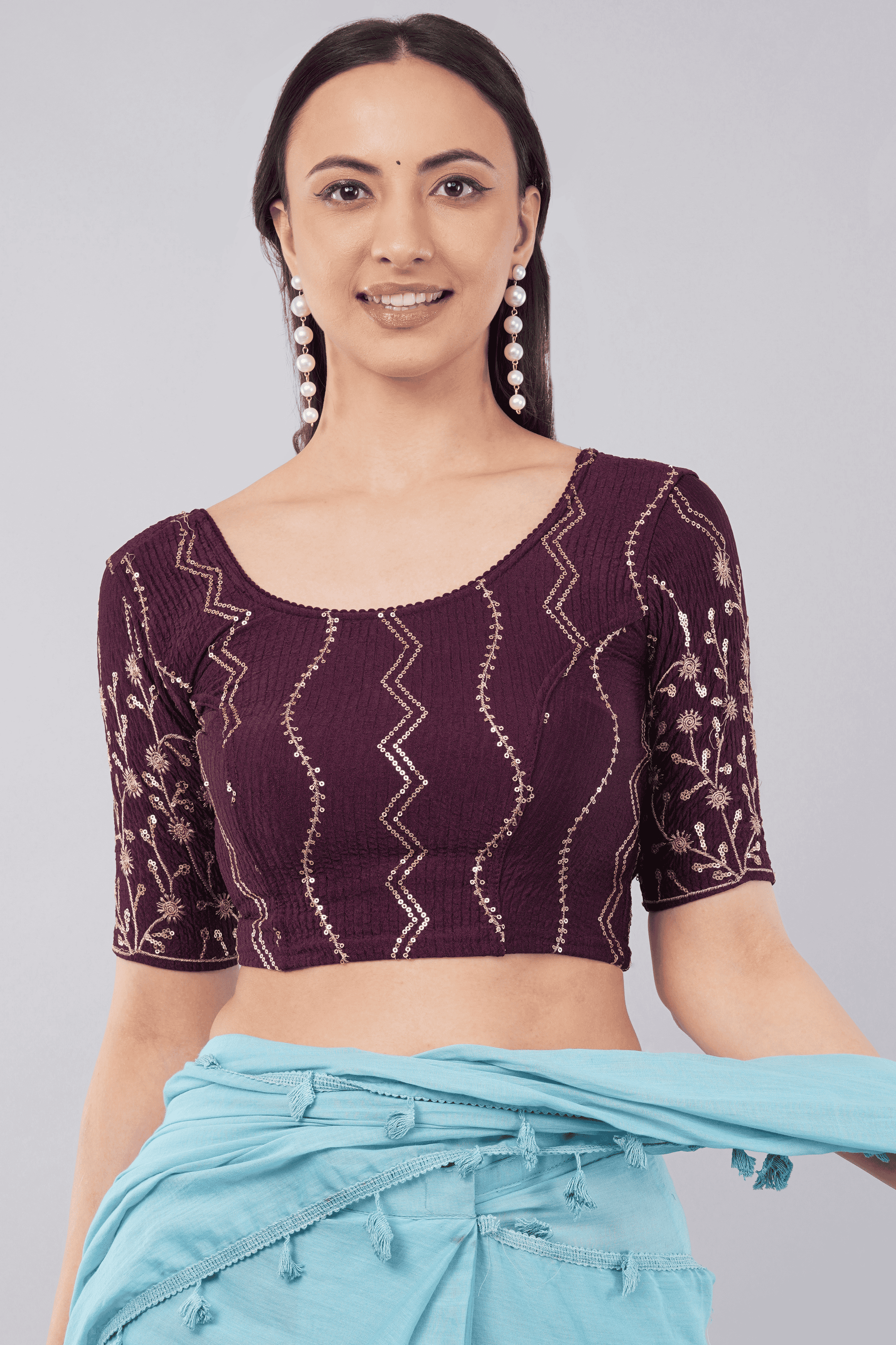 Dark purple embroidered lycra ready blouse with elbow sleeves