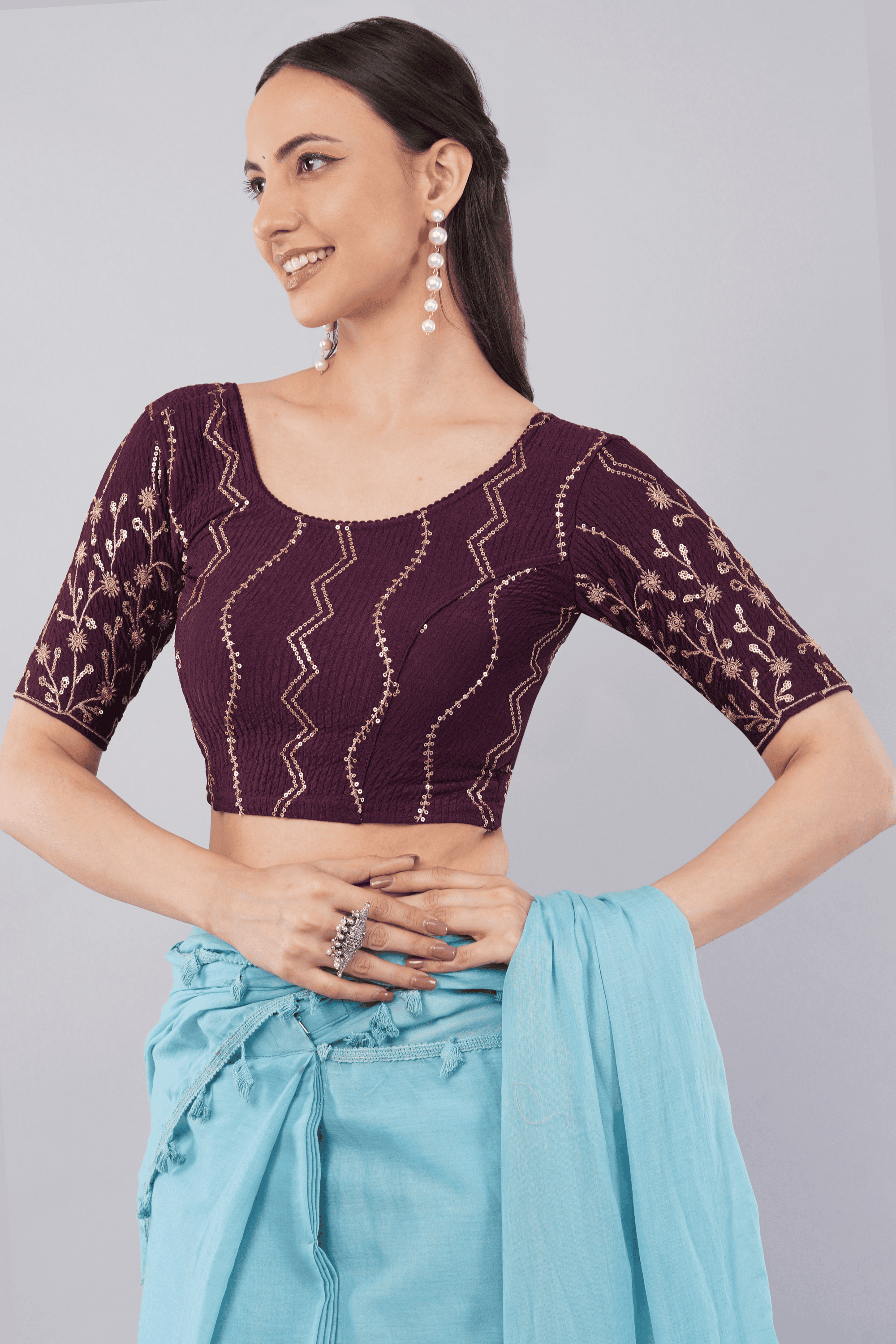 Dark Purple Embroidered Lycra Ready Blouse with Elbow Sleeves