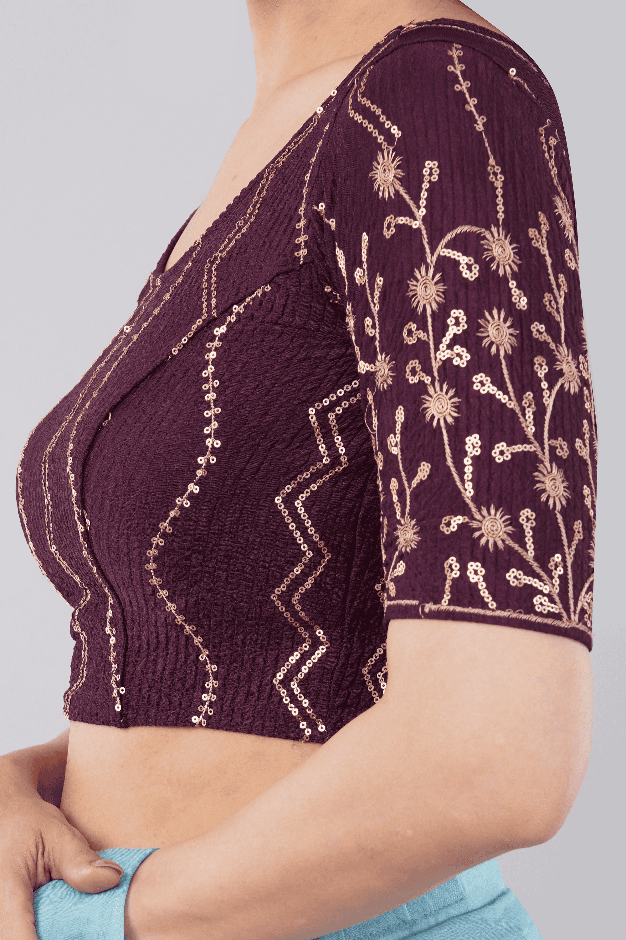 Dark Purple Embroidered Lycra Ready Blouse with Elbow Sleeves