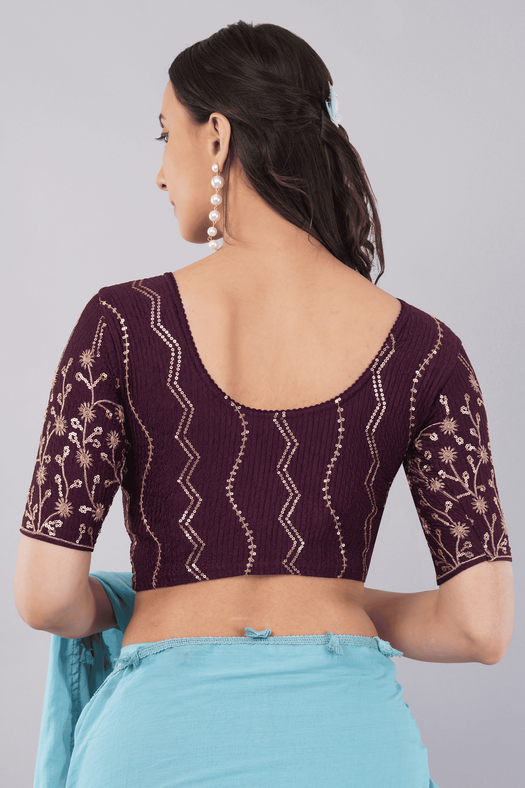 Dark Purple Embroidered Lycra Ready Blouse with Elbow Sleeves