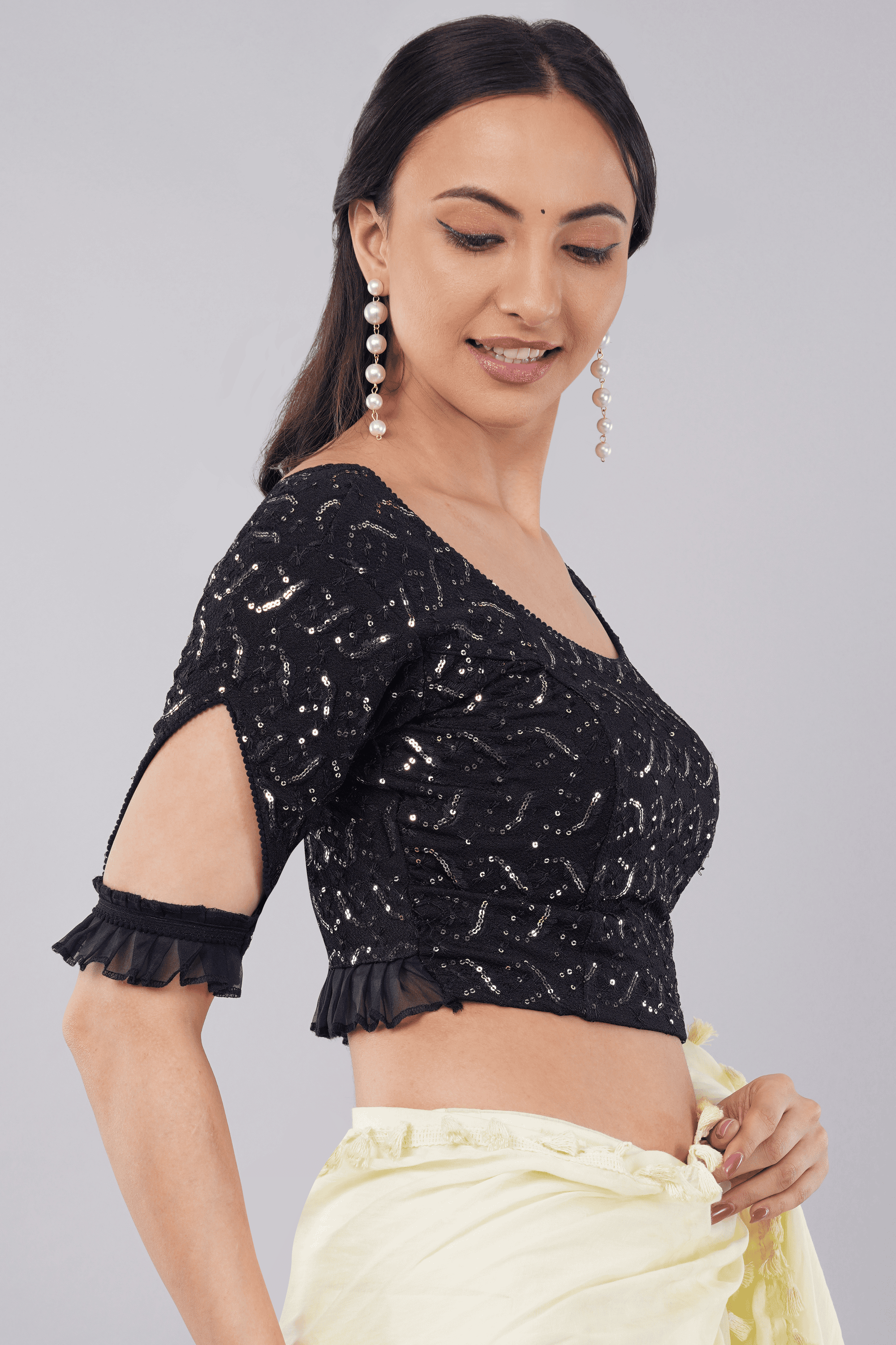 Dark Blue Sequin Embroidered Cut-Out Sleeve Blouse