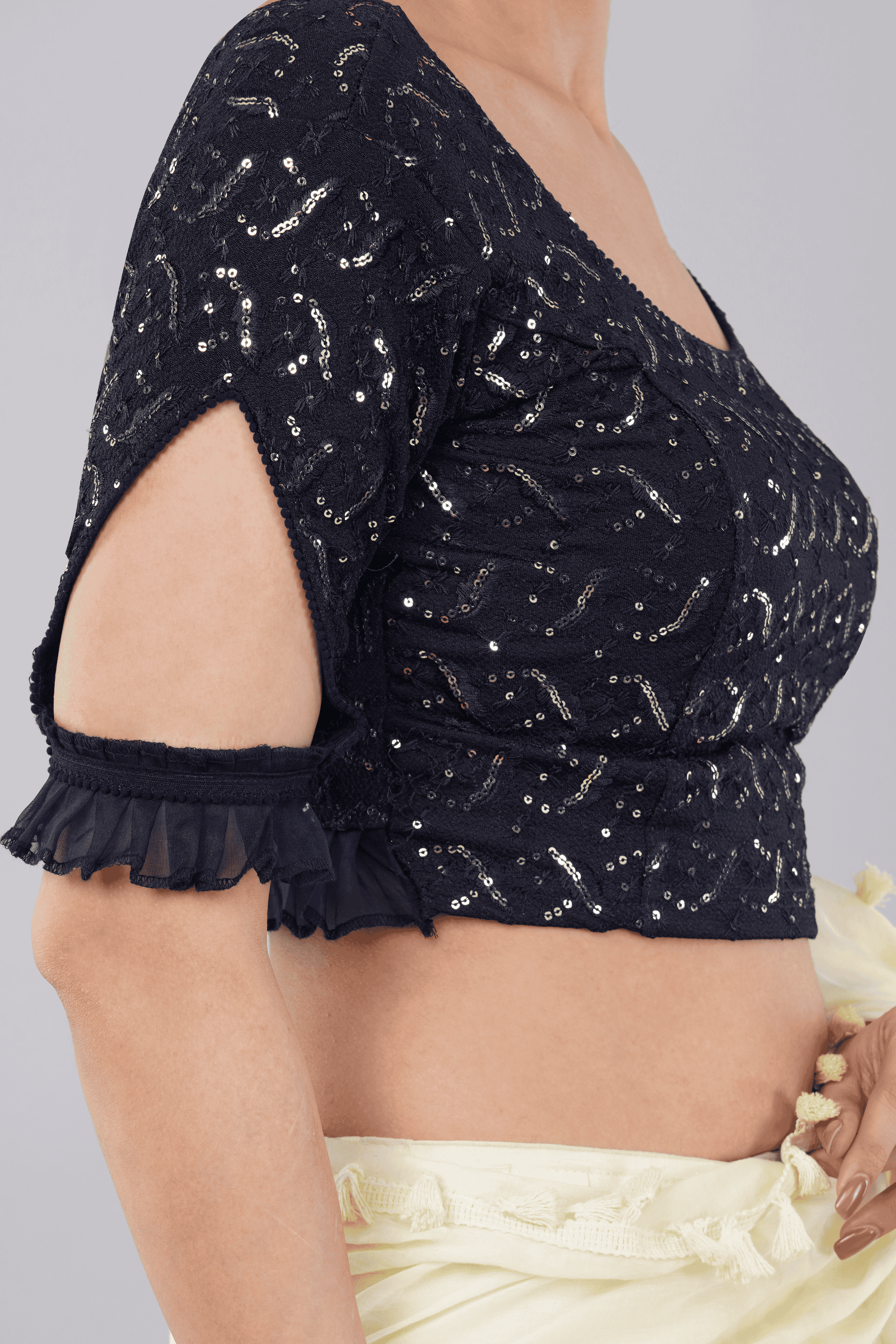 Dark Blue Sequin Embroidered Cut-Out Sleeve Blouse