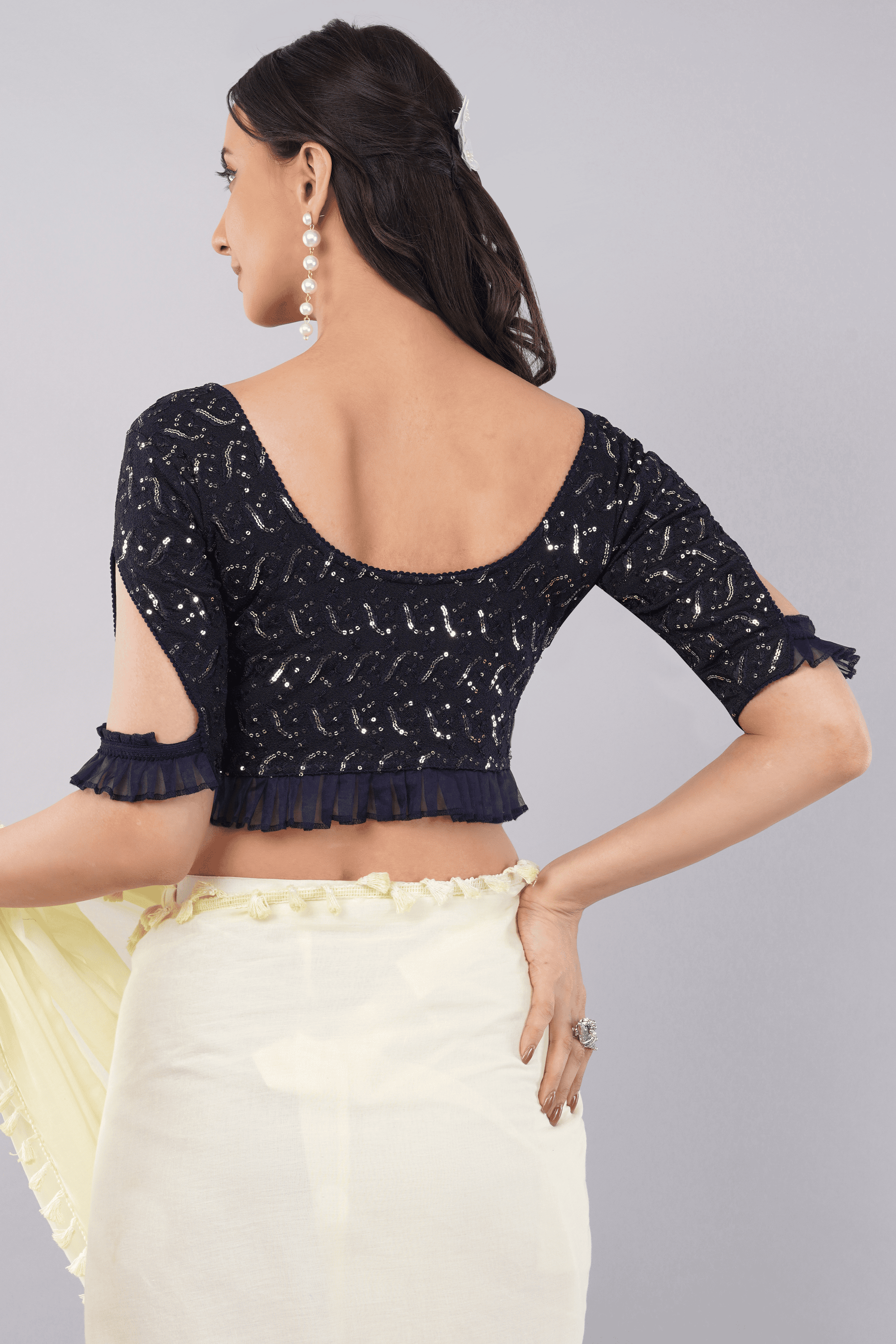 Dark Blue Sequin Embroidered Cut-Out Sleeve Blouse