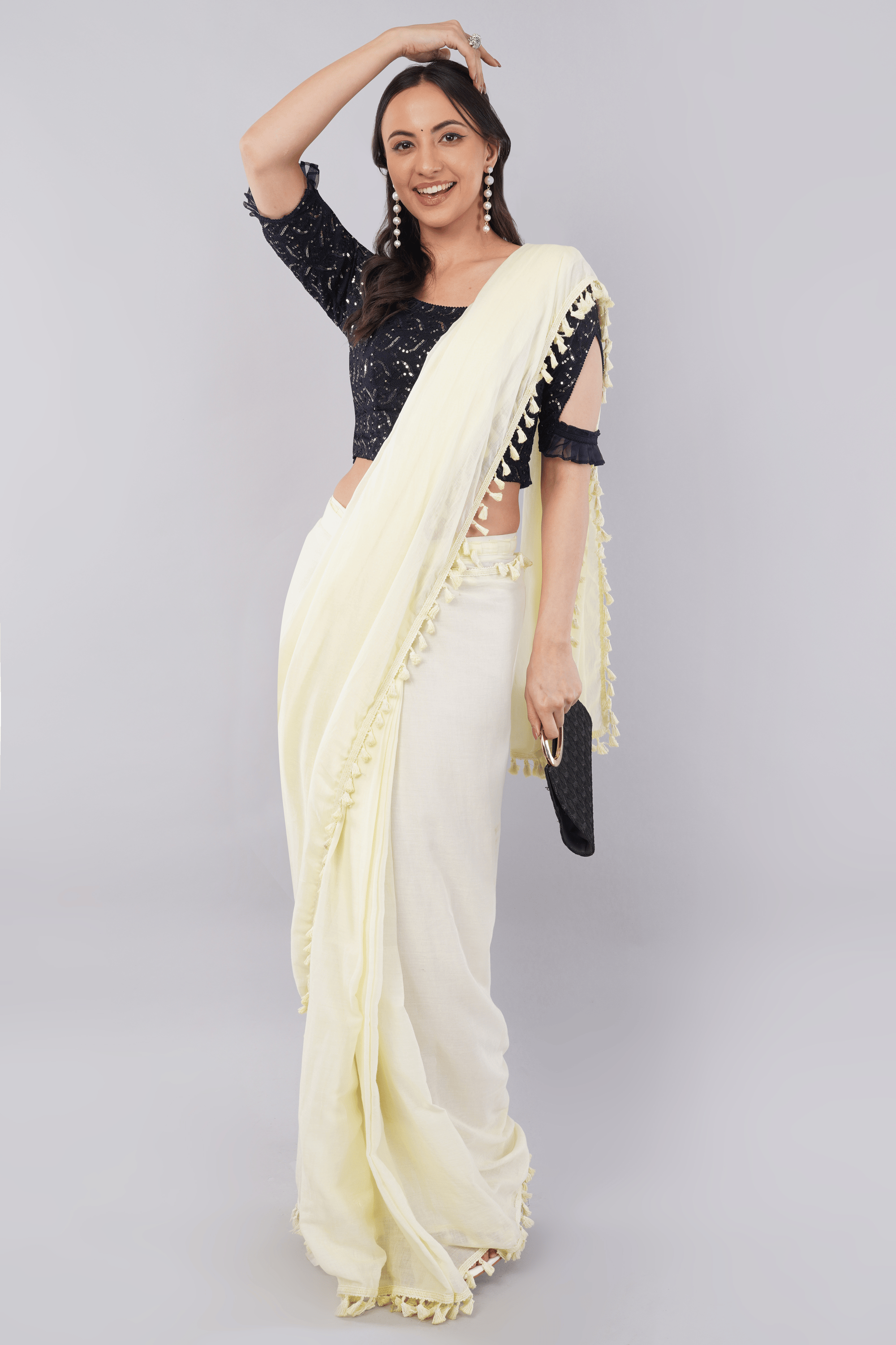 Dark Blue Sequin Embroidered Cut-Out Sleeve Blouse