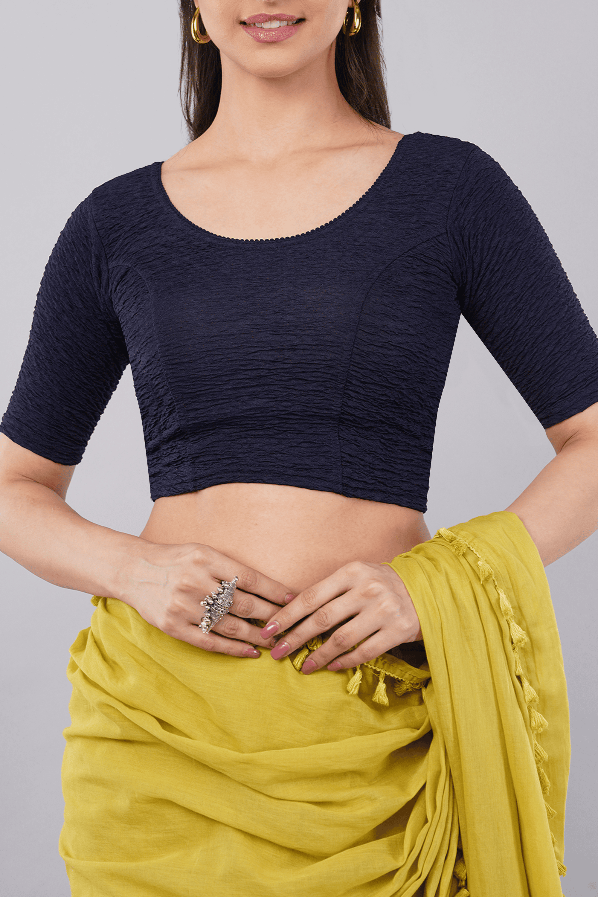 Navy blue textured stretch plain blouse with scoop neckline and elbow sleeves