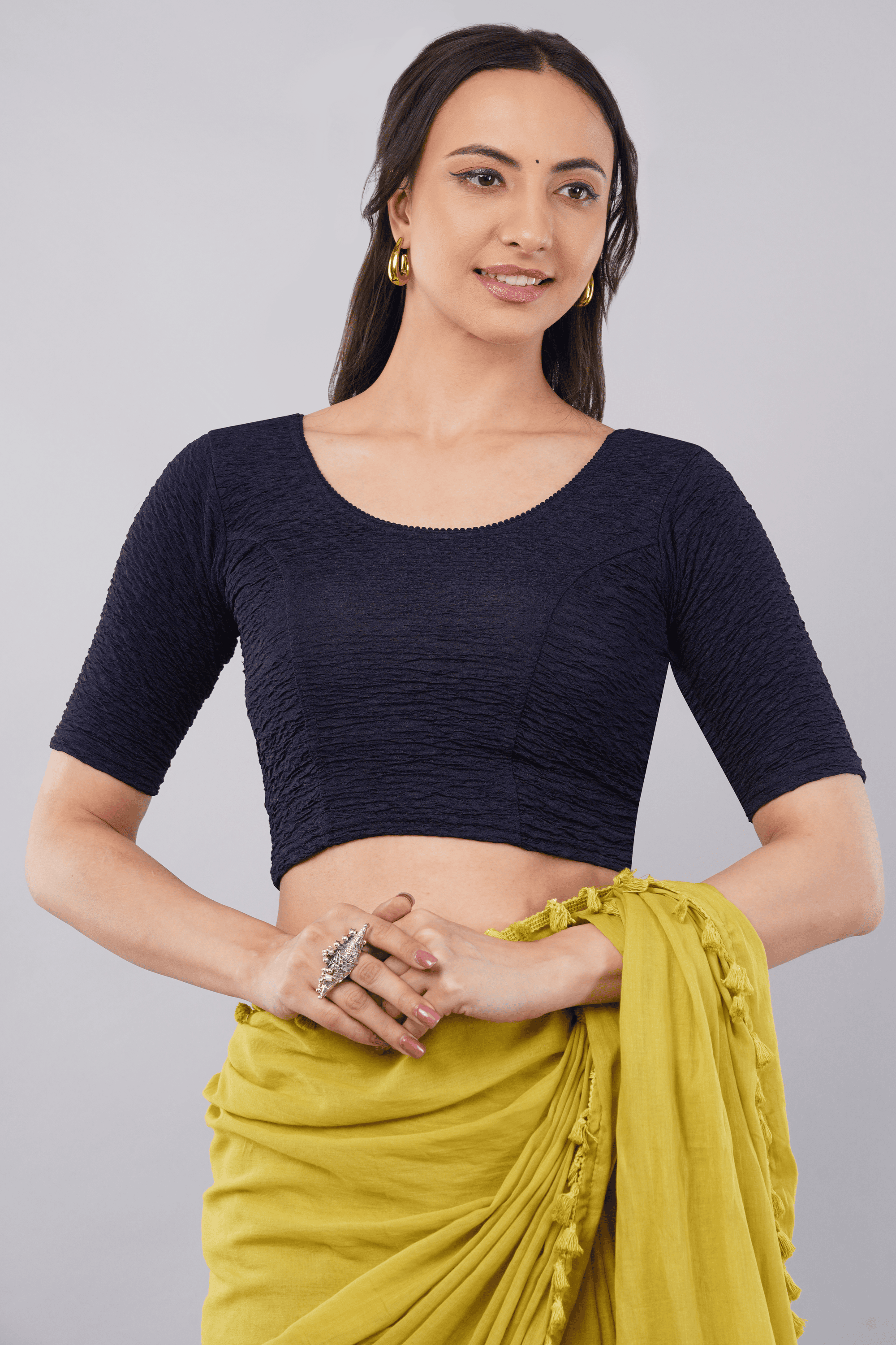 Navy Blue Textured Stretch Plain Saree Blouse