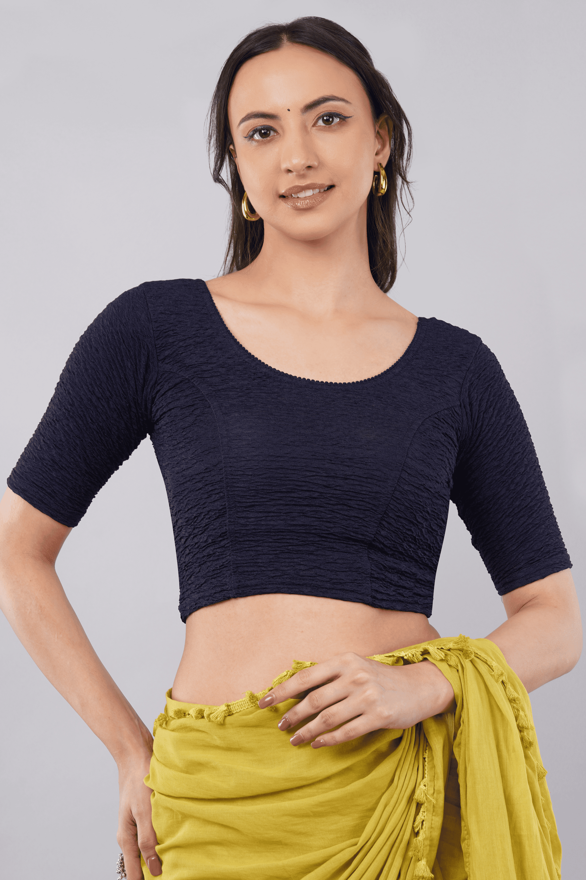 Navy Blue Textured Stretch Plain Saree Blouse