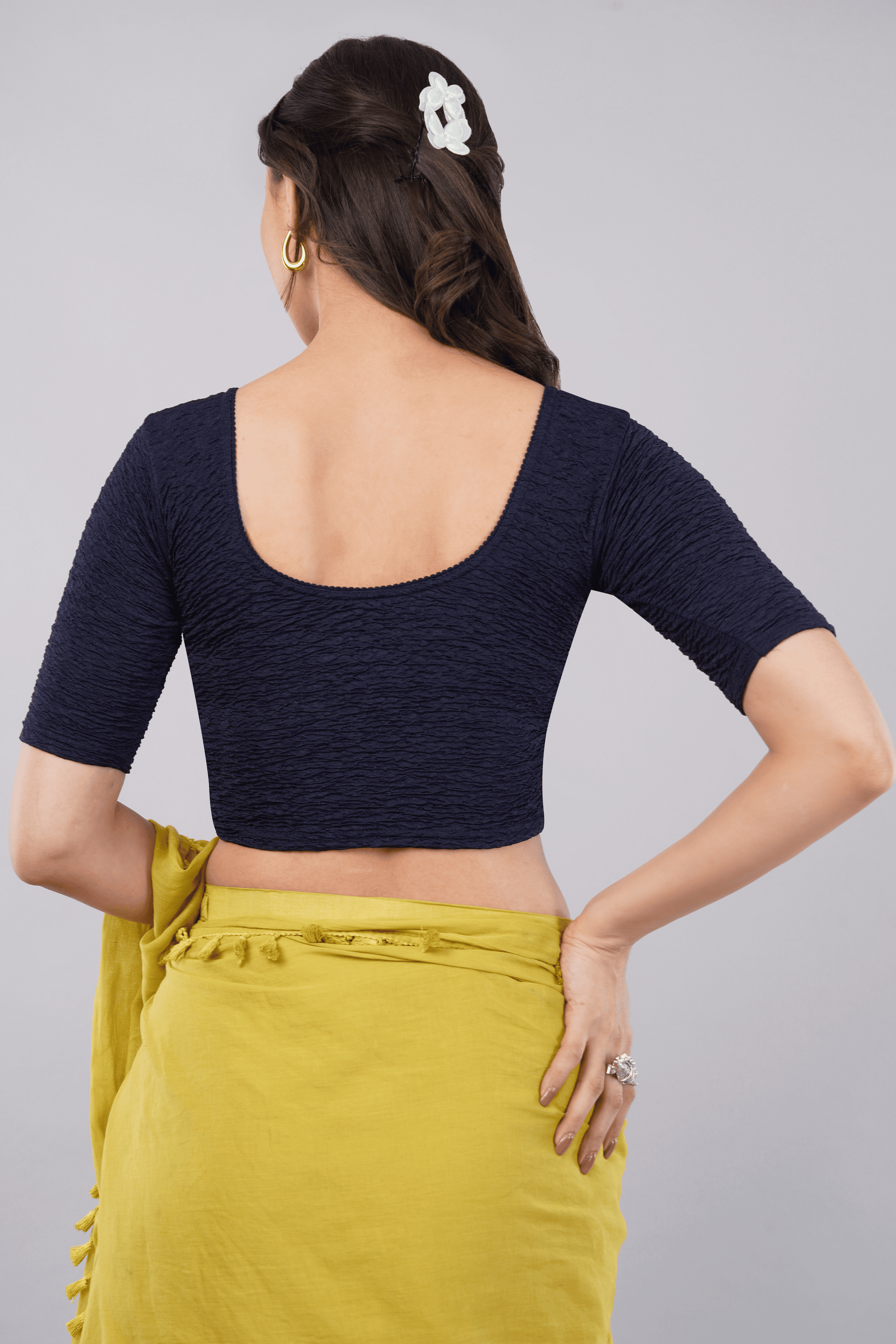 Navy Blue Textured Stretch Plain Saree Blouse