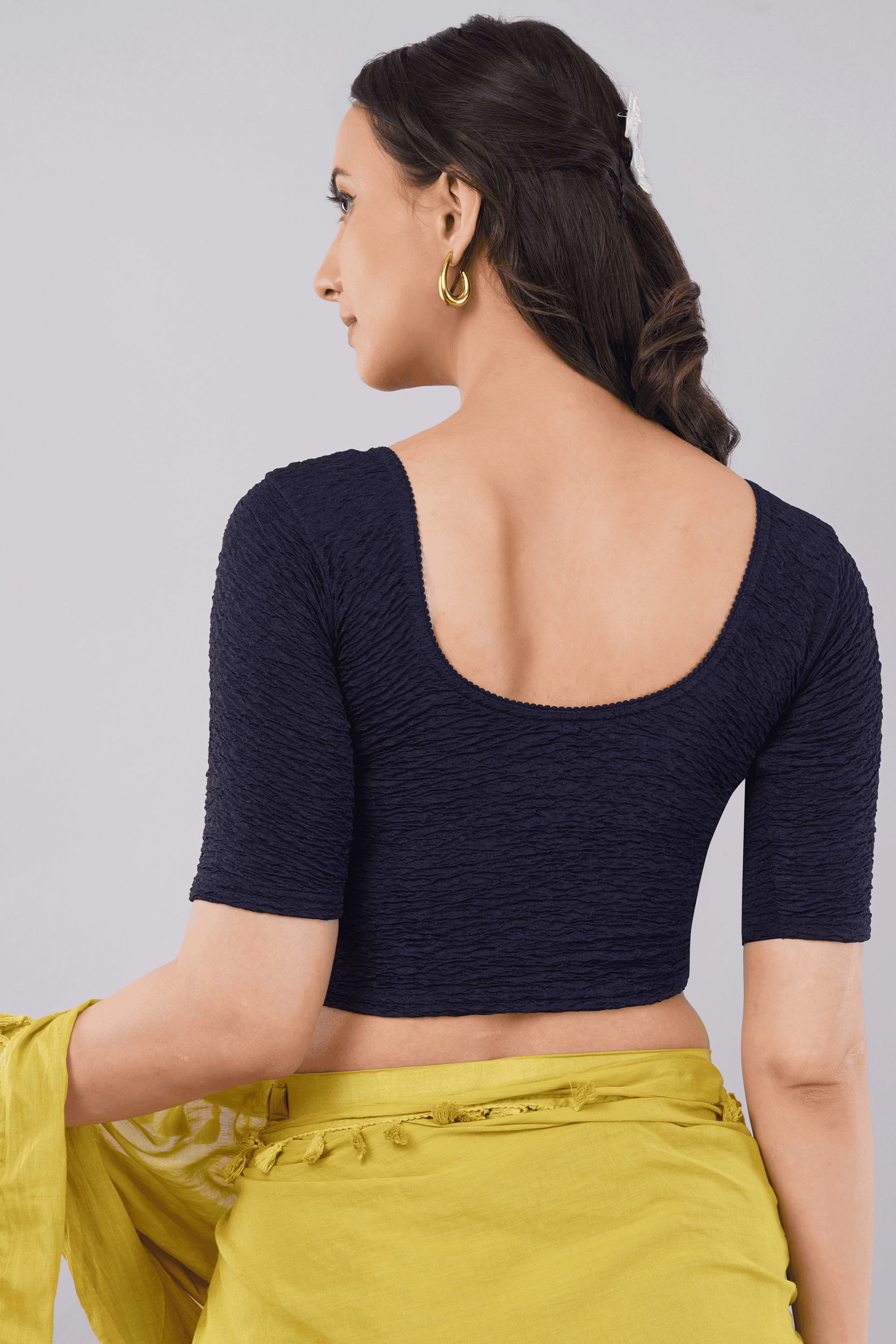 Navy Blue Textured Stretch Plain Saree Blouse