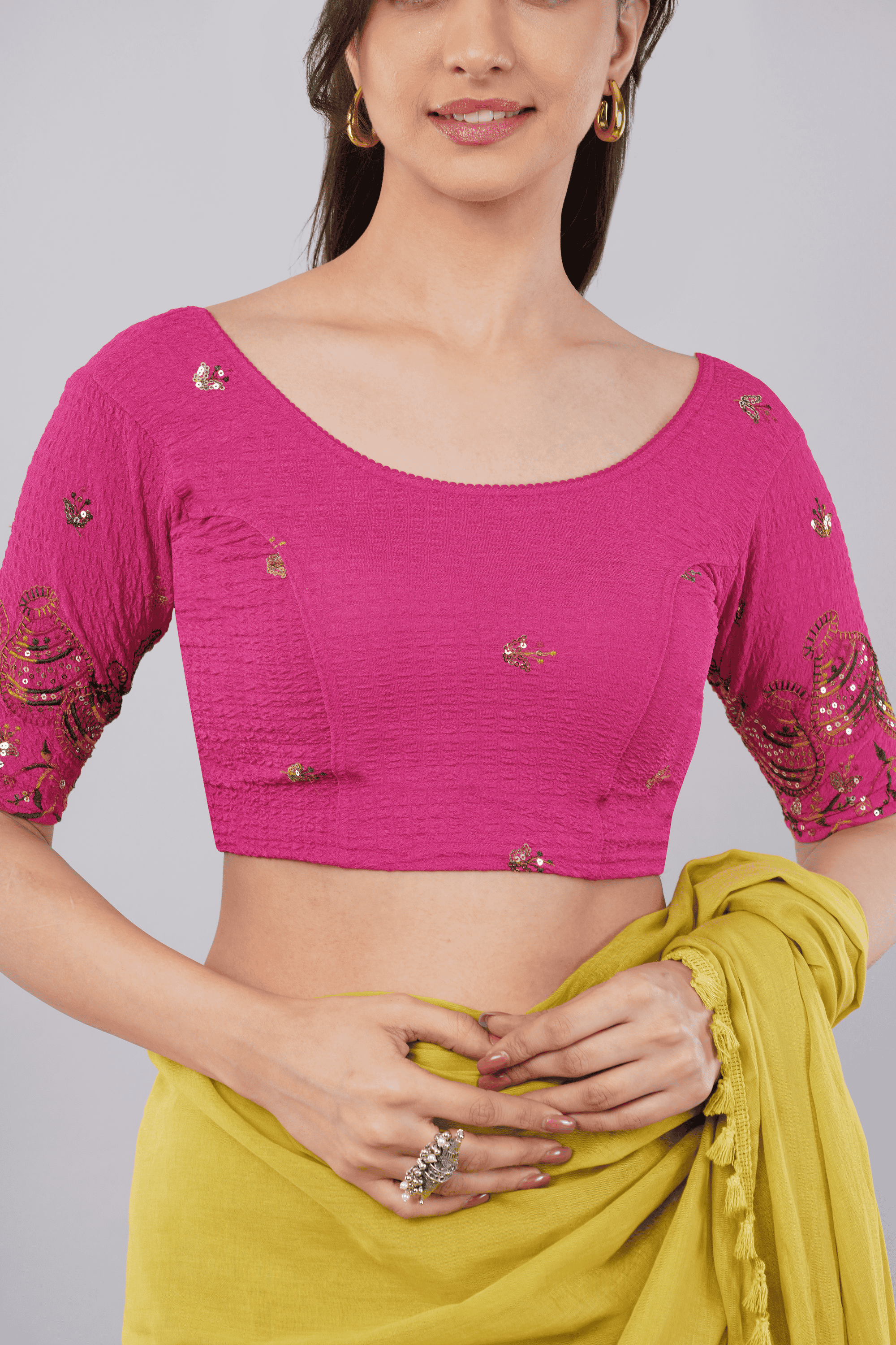 Frostbite pink embroidered lycra saree blouse with half sleeves