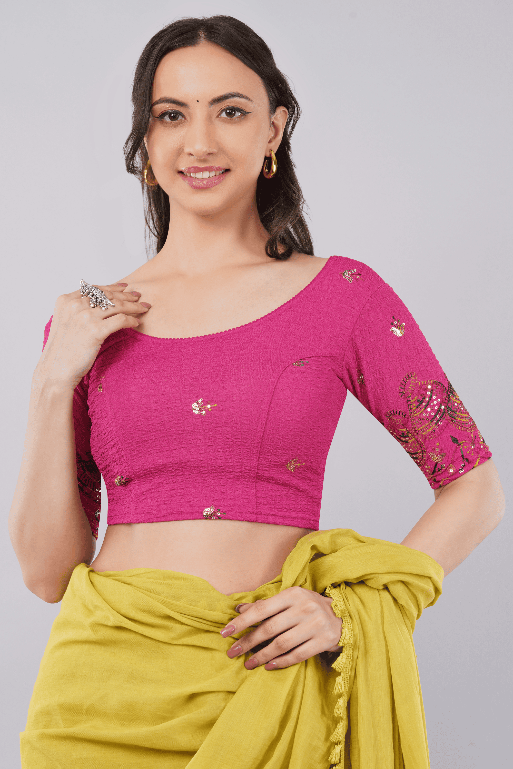 Frostbite Pink Embroidered Lycra Saree Blouse with Half Sleeves