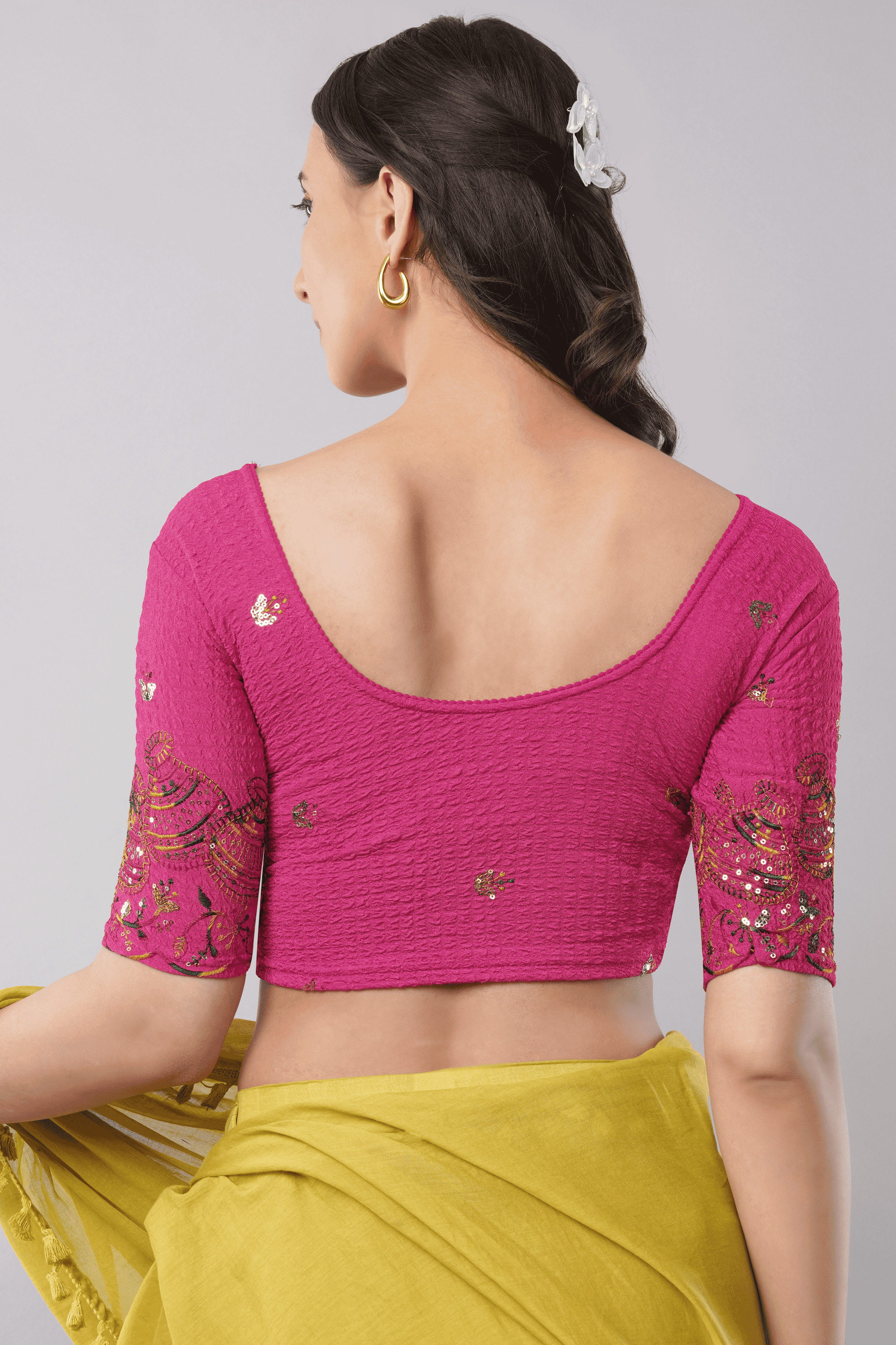 Frostbite Pink Embroidered Lycra Saree Blouse with Half Sleeves