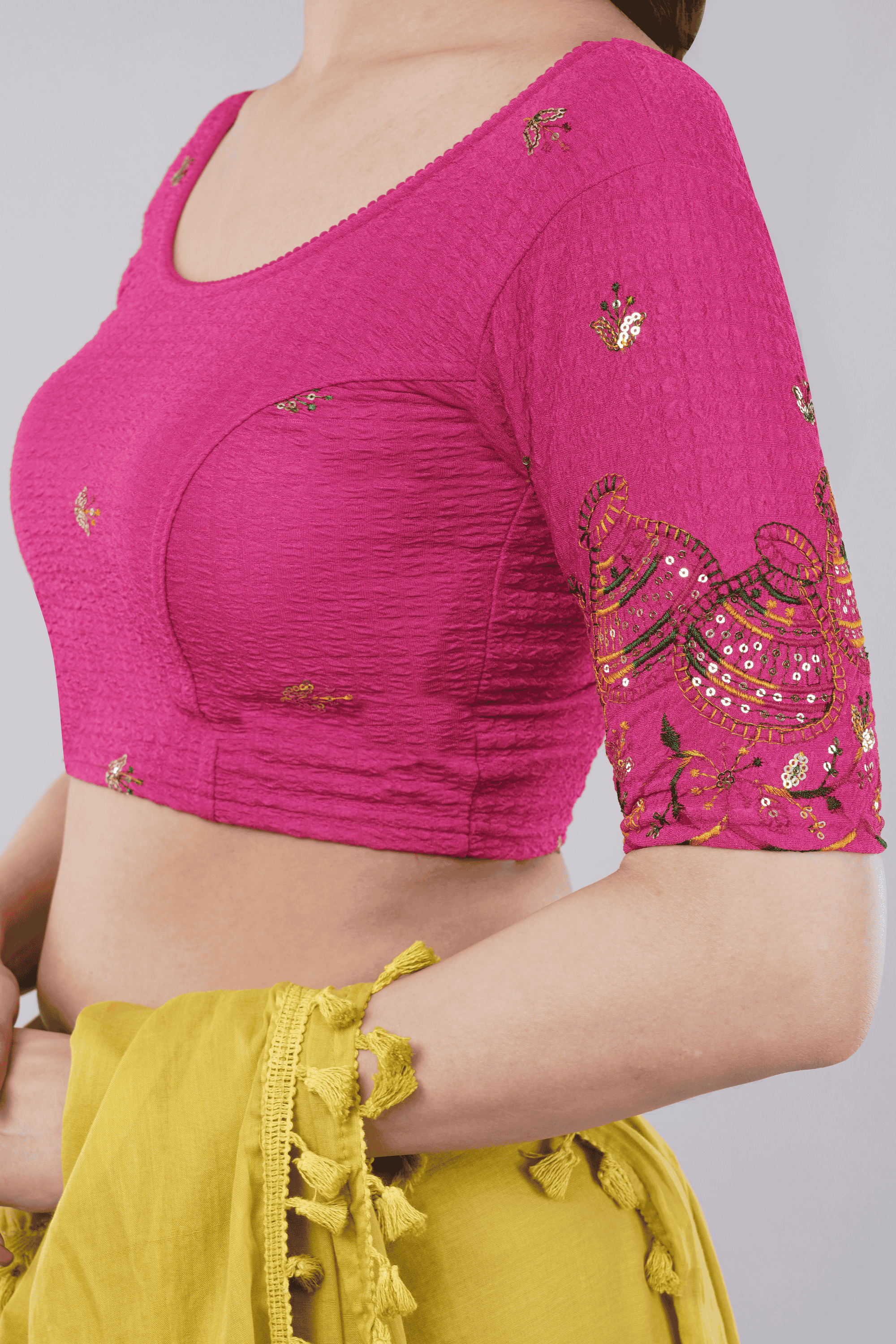 Frostbite Pink Embroidered Lycra Saree Blouse with Half Sleeves