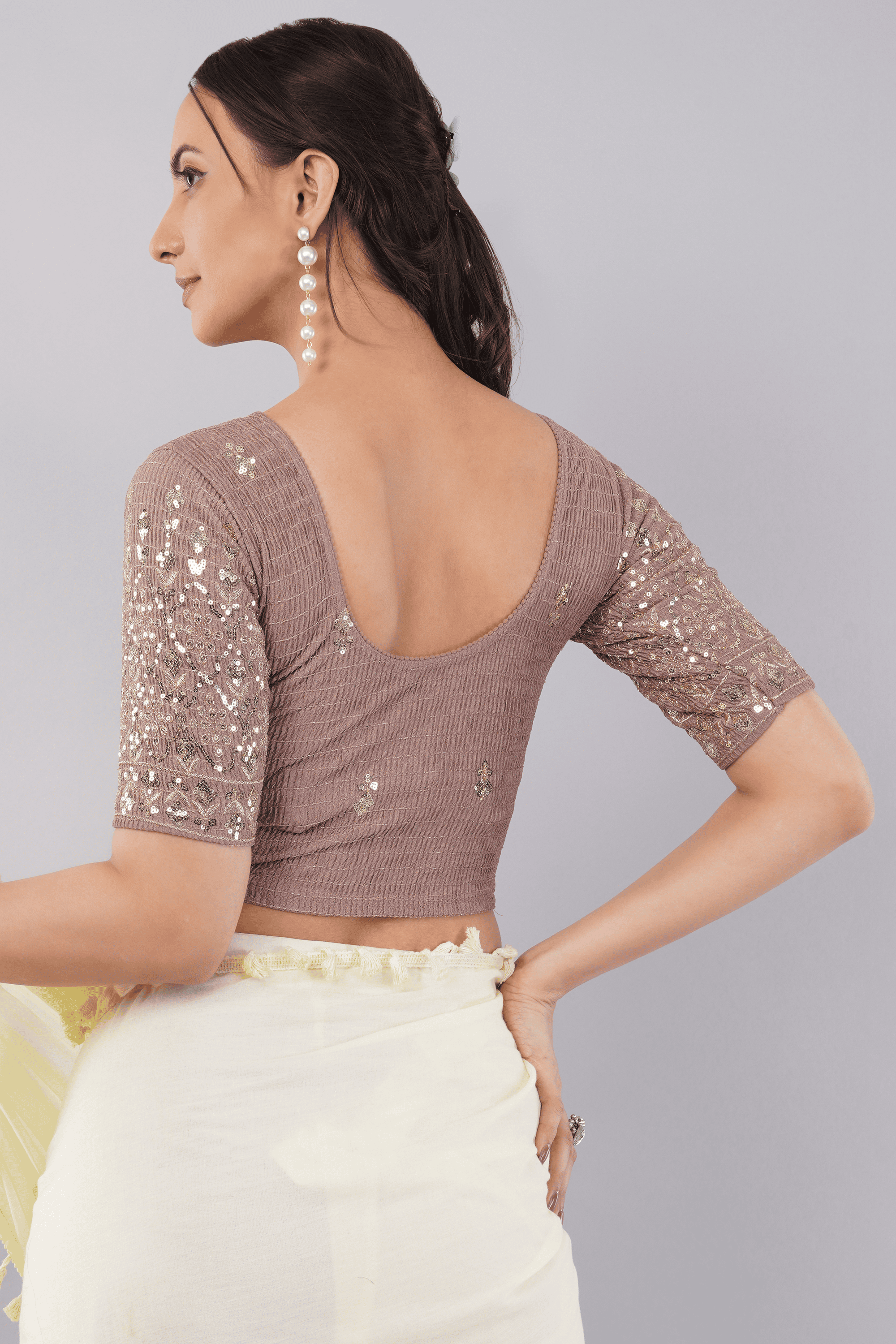 Rust Purple Sequin Embroidered Lycra Saree Blouse