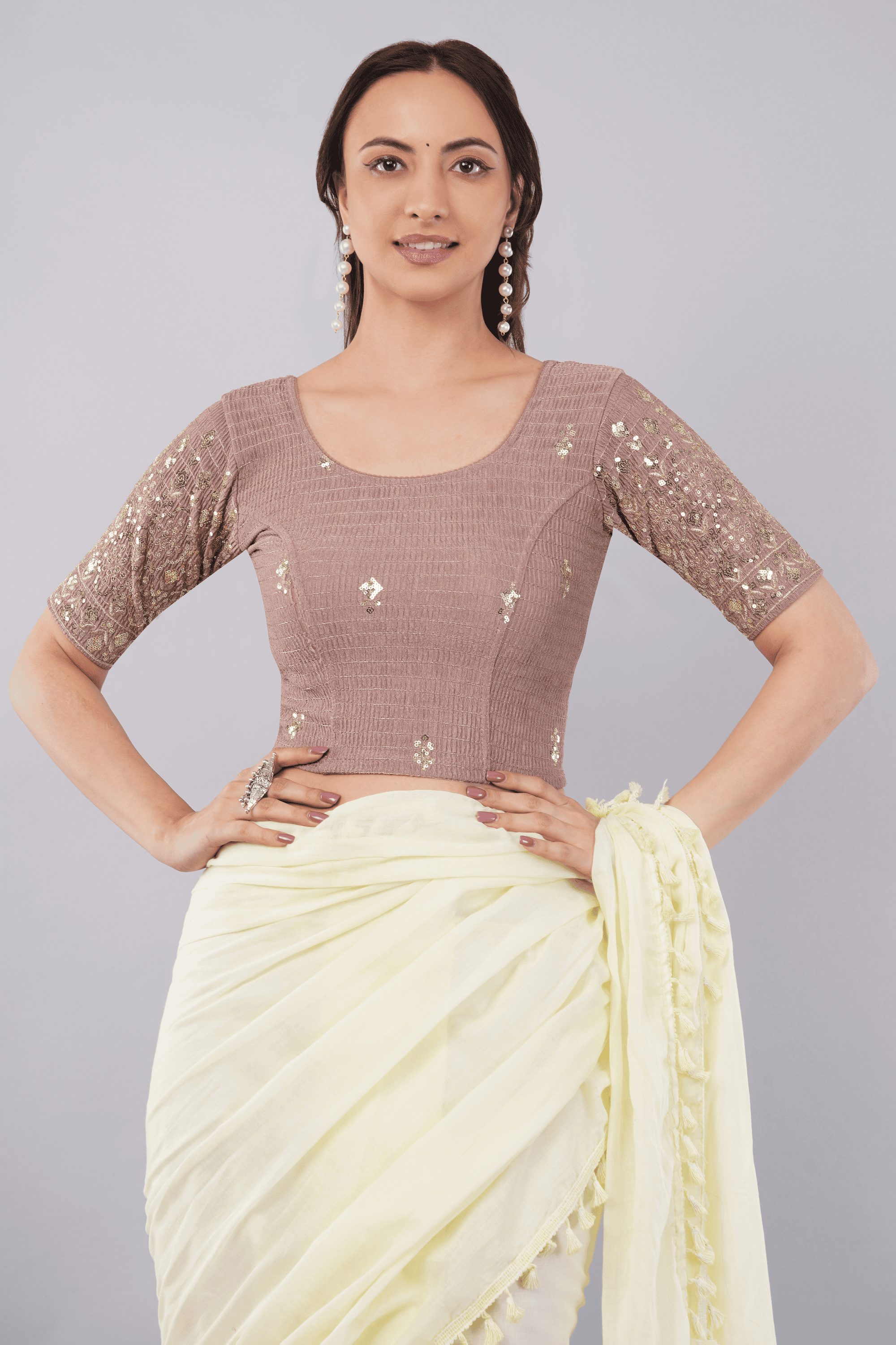 Rust Purple Sequin Embroidered Lycra Saree Blouse