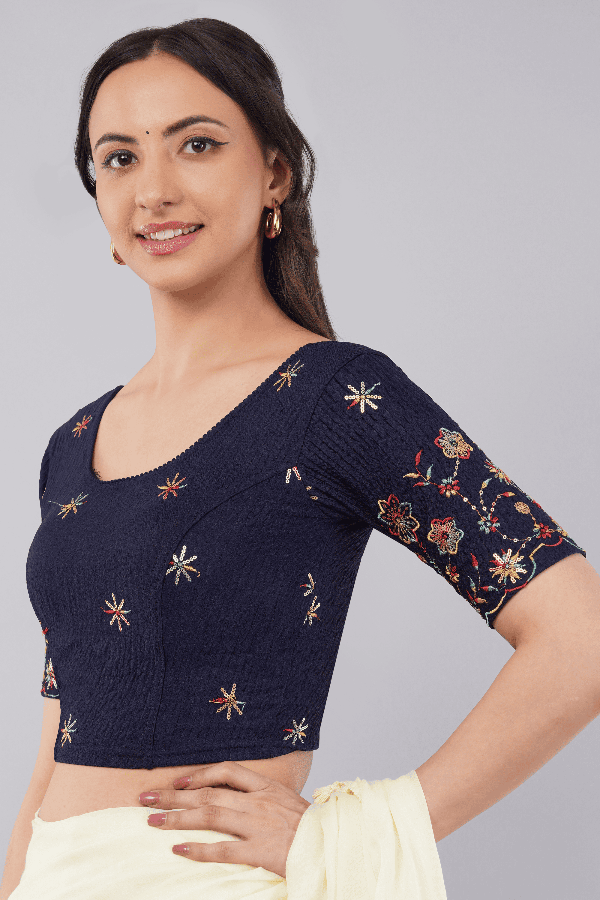 Maastricht blue embroidered lycra readymade blouse with elbow length sleeves