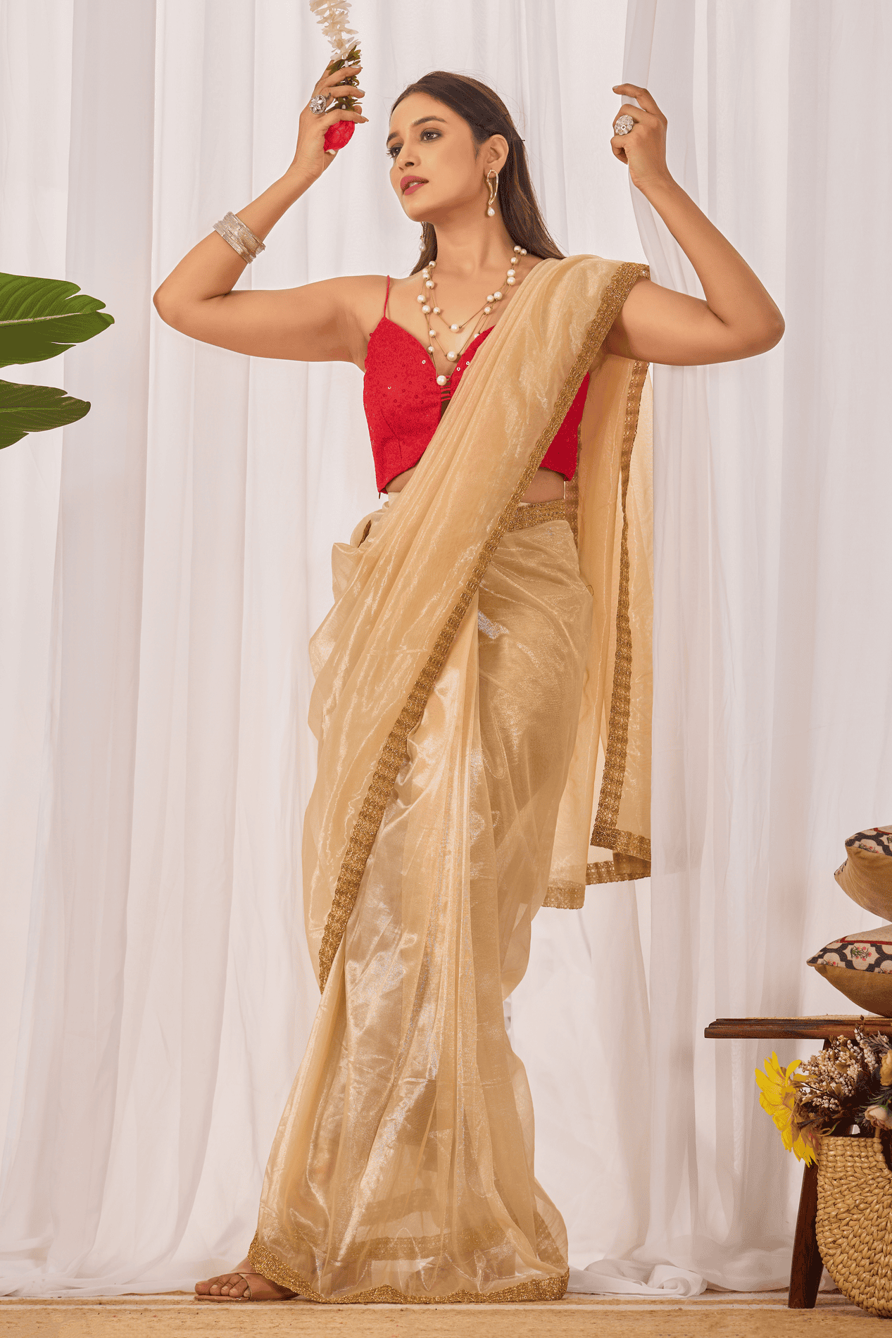Champagne Gold Shimmer Ready-to-Wear Saree with Contrast Red Sequin Blouse