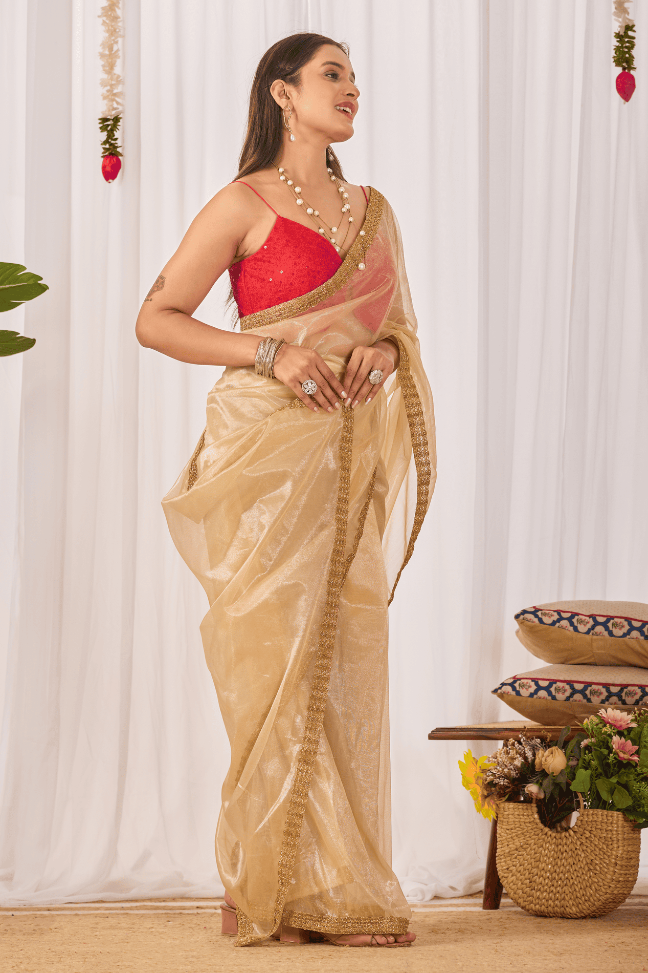 Champagne Gold Shimmer Ready-to-Wear Saree with Contrast Red Sequin Blouse