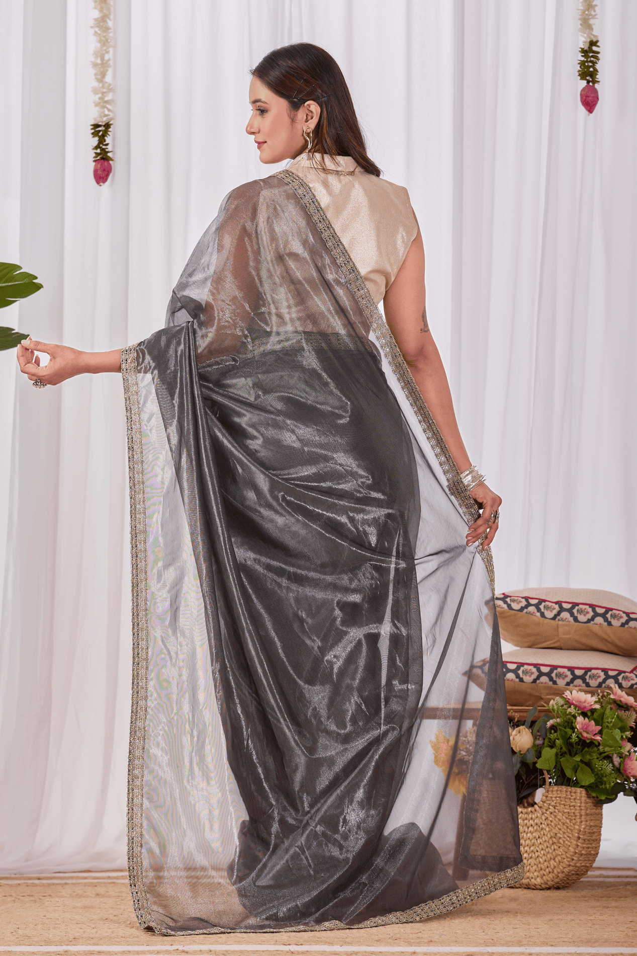 Charcoal Grey Ready-to-Wear Shimmer Saree with Sequin Border and Gold Wrap Blouse