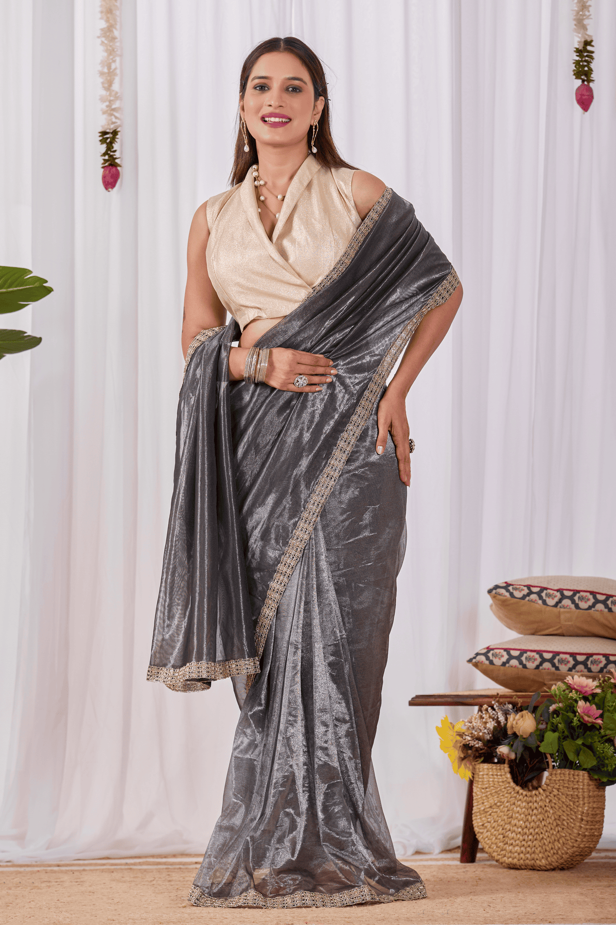 Charcoal Grey Ready-to-Wear Shimmer Saree with Sequin Border and Gold Wrap Blouse