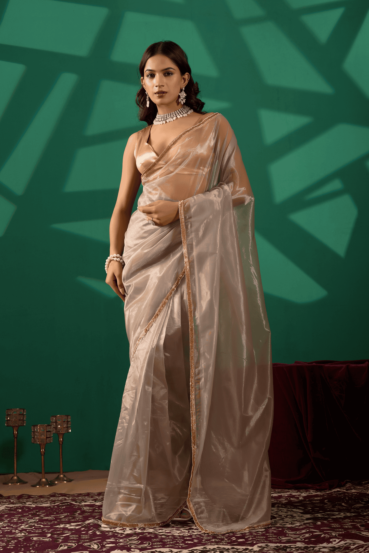 Charcoal grey metallic ready-to-wear shimmer saree with gold sequin border and wrap-style blouse