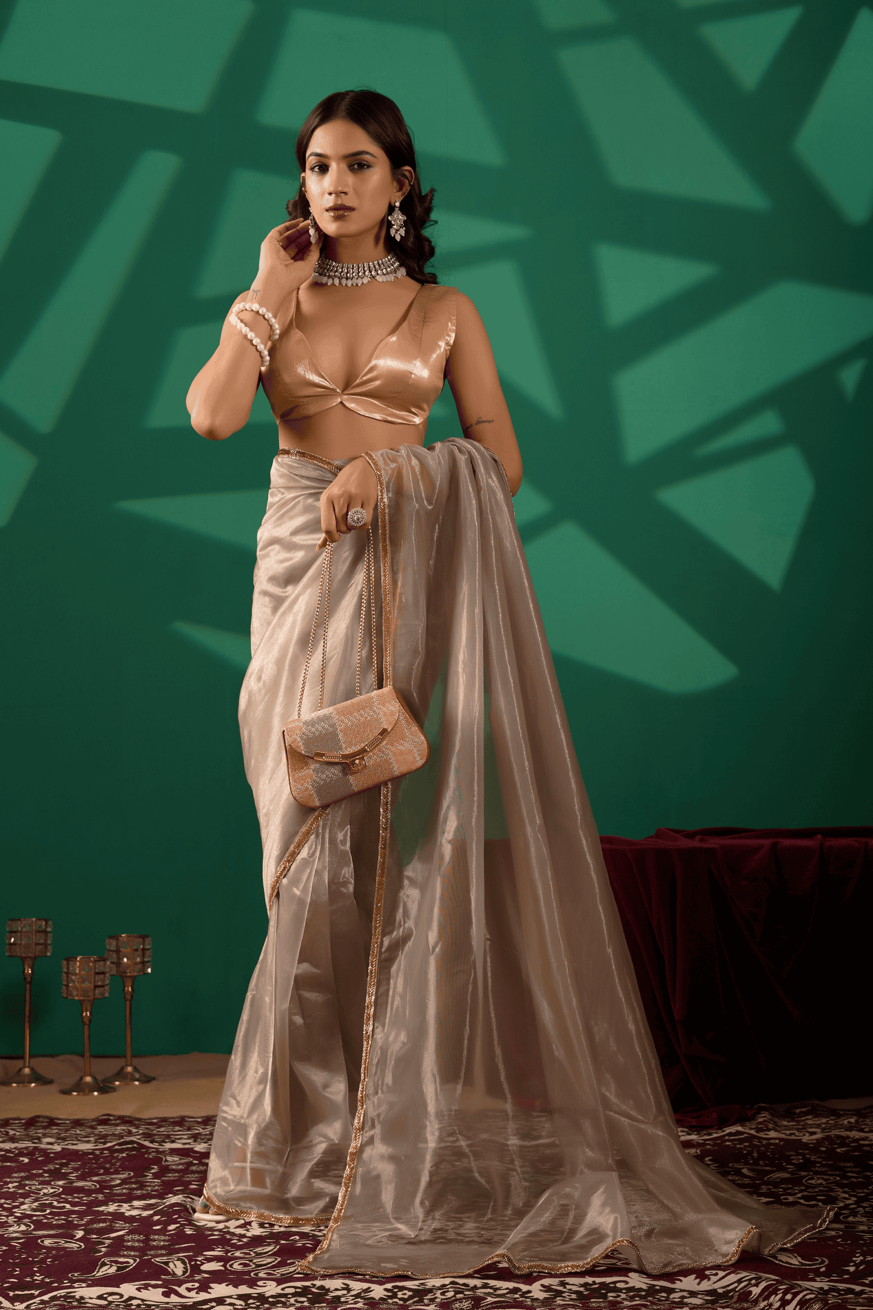 Charcoal Grey Metallic Ready-to-Wear Shimmer Saree with Sequin Border and Gold Wrap Blouse