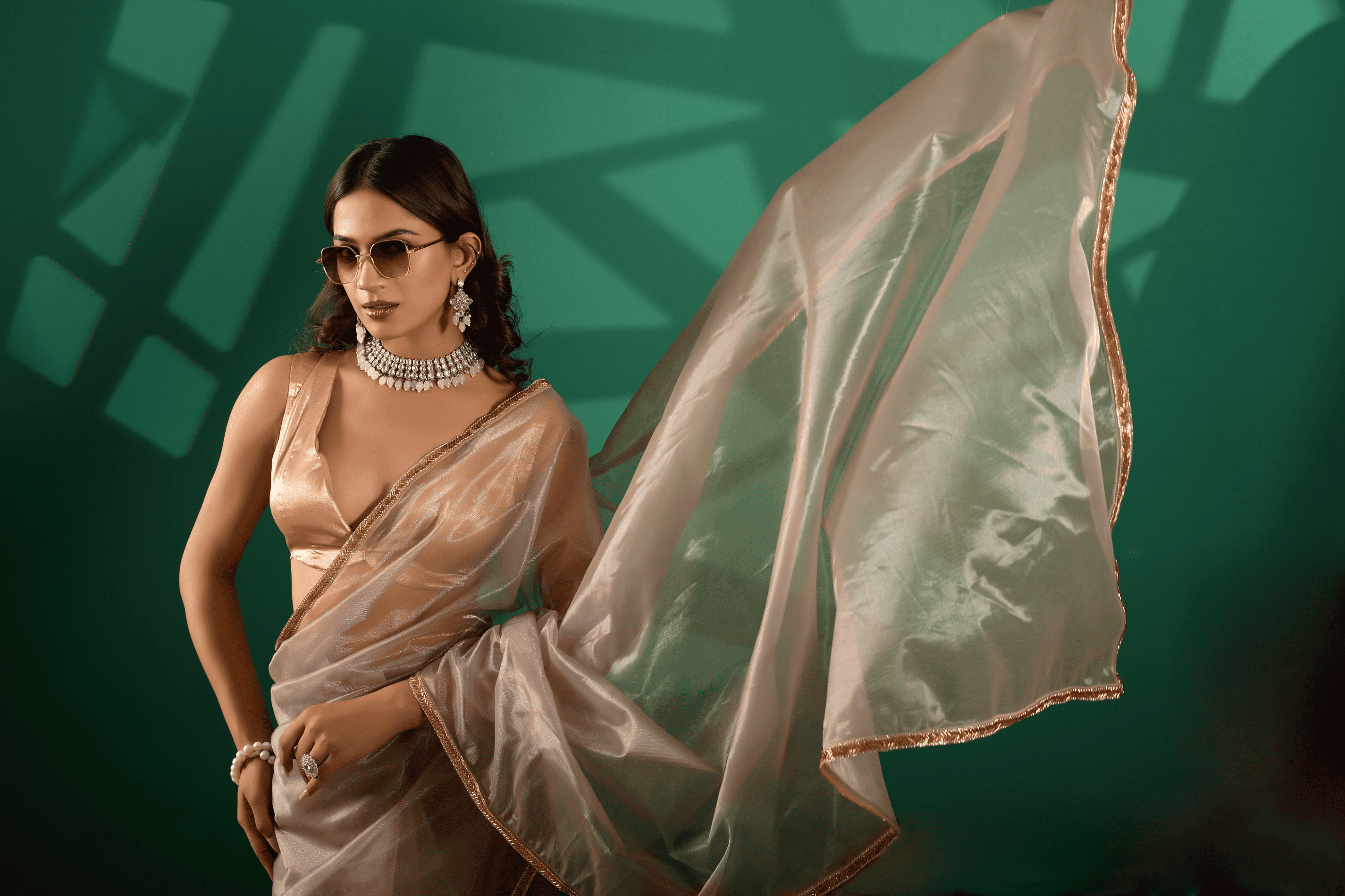 Charcoal Grey Metallic Ready-to-Wear Shimmer Saree with Sequin Border and Gold Wrap Blouse