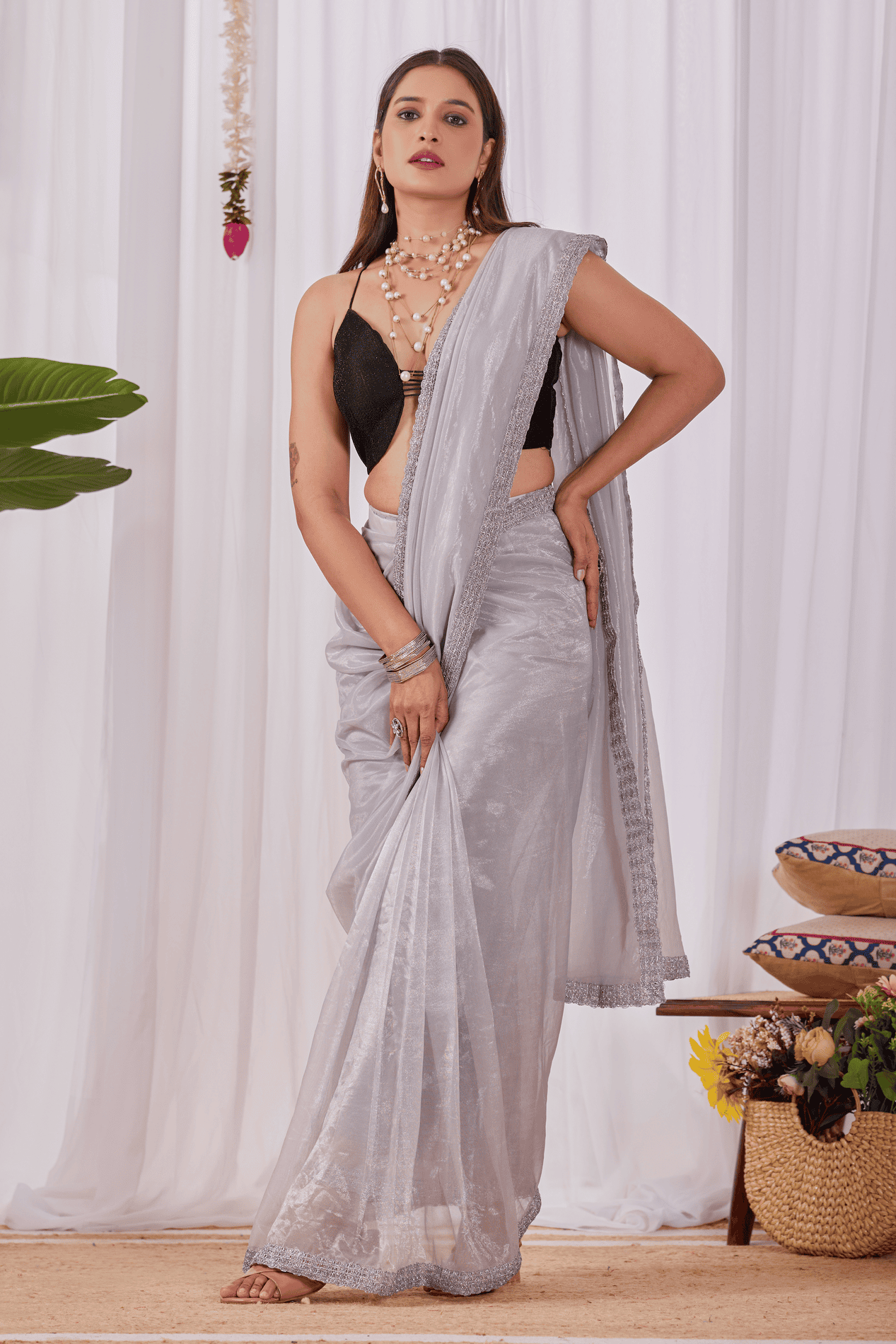 Silver-Gold Shimmer Ready-to-Wear Saree with Sequin Border and Red Strappy Blouse