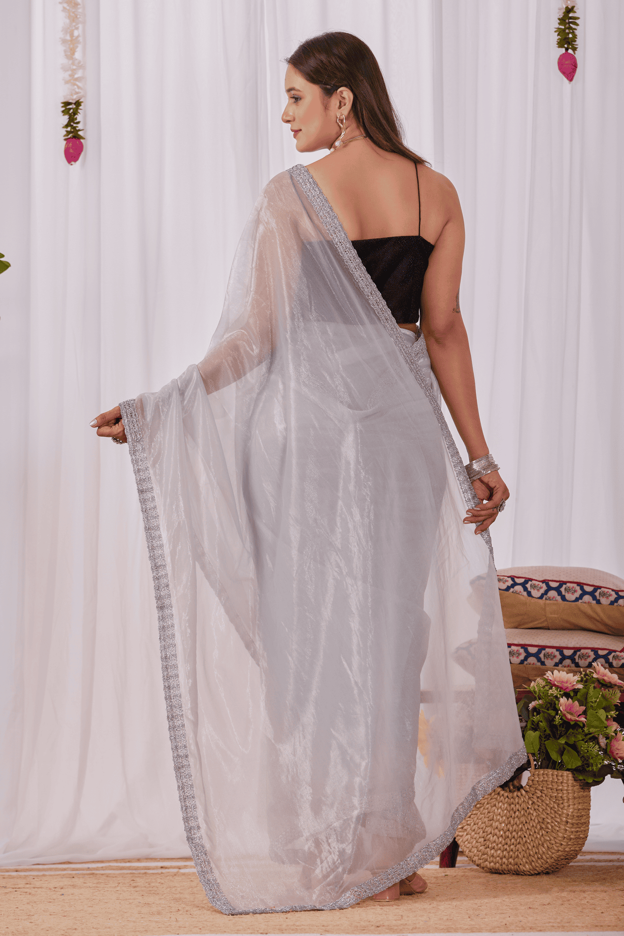 Silver-Gold Shimmer Ready-to-Wear Saree with Sequin Border and Red Strappy Blouse