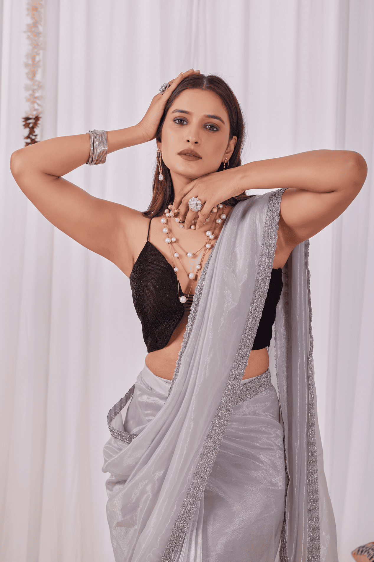 Silver-Gold Shimmer Ready-to-Wear Saree with Sequin Border and Red Strappy Blouse