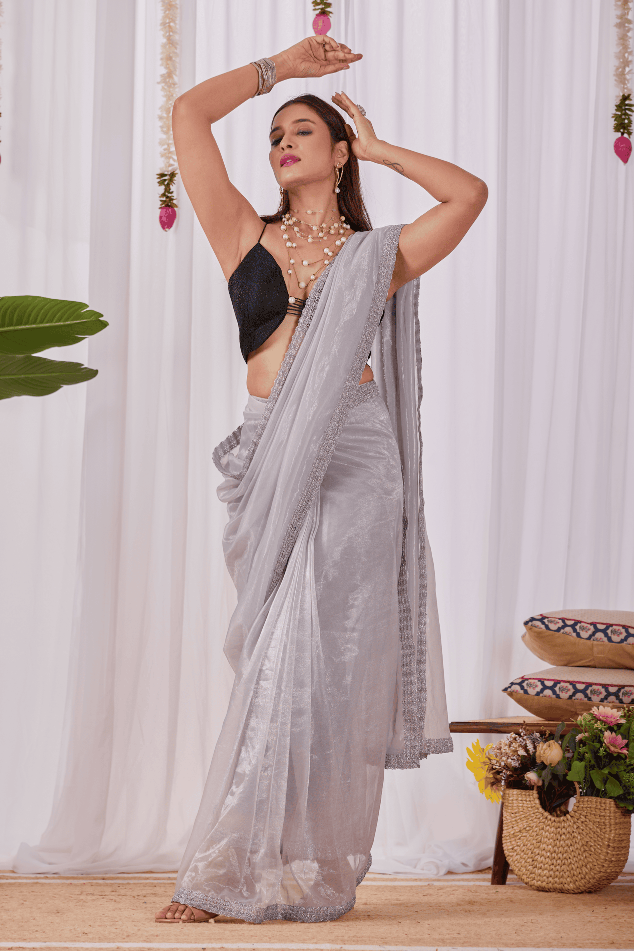 Silver-Gold Shimmer Ready-to-Wear Saree with Sequin Border and Red Strappy Blouse